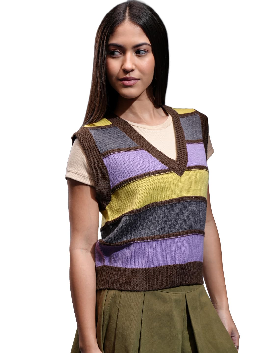 tokyo talkies Women Brown Multi Self Design V-Neck Sweater-picture-11