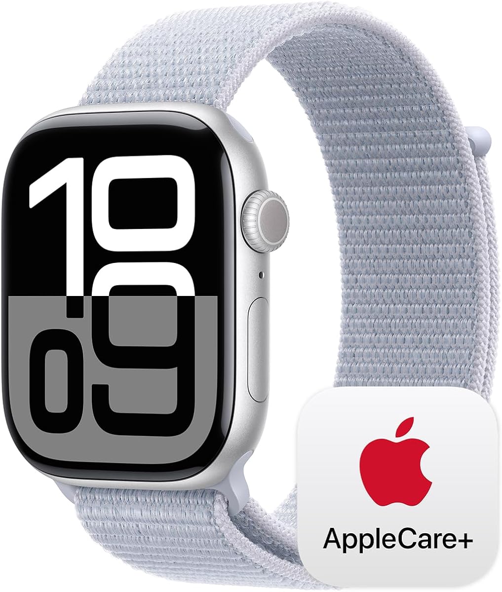 Apple Watch Series 10 [GPS 46 mm] con caja de aluminio plateado con lazo deportivo Blue Cloud. Fitness Tracker, aplicación de ECG, pantalla de retina siempre encendida, carbono neutro con AppleCare+ (2 años)