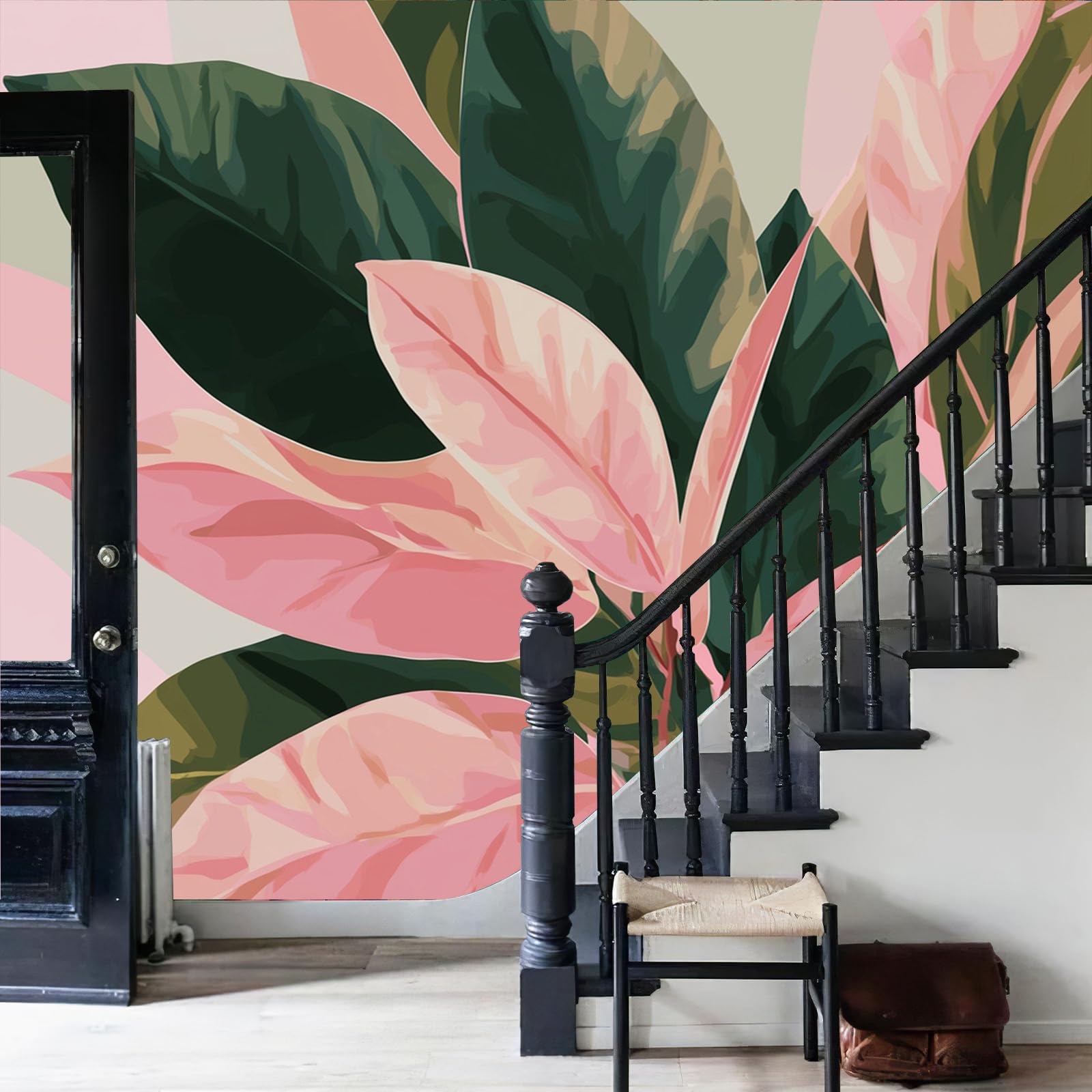 Papier Peint Motif Feuilles De Bananier Aquarelle Tapisserie Panoramique Grand 3D Plantes Exotiques Poudre Blush Papier Peint Soie Pour Salon Chambre Chambre D'Enfant Décoration Murale, 300X210Cm