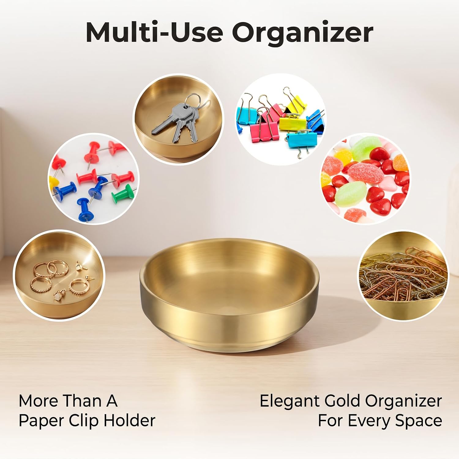 Gold Decorative Bowl Paper Clip Holder, 4 Inch Stainless Steel Key Bowl and Catch All Tray, Small Decorative Bowls for Entryway Table, Jewelry Organizer for Desk or Vanity Metal Bowls