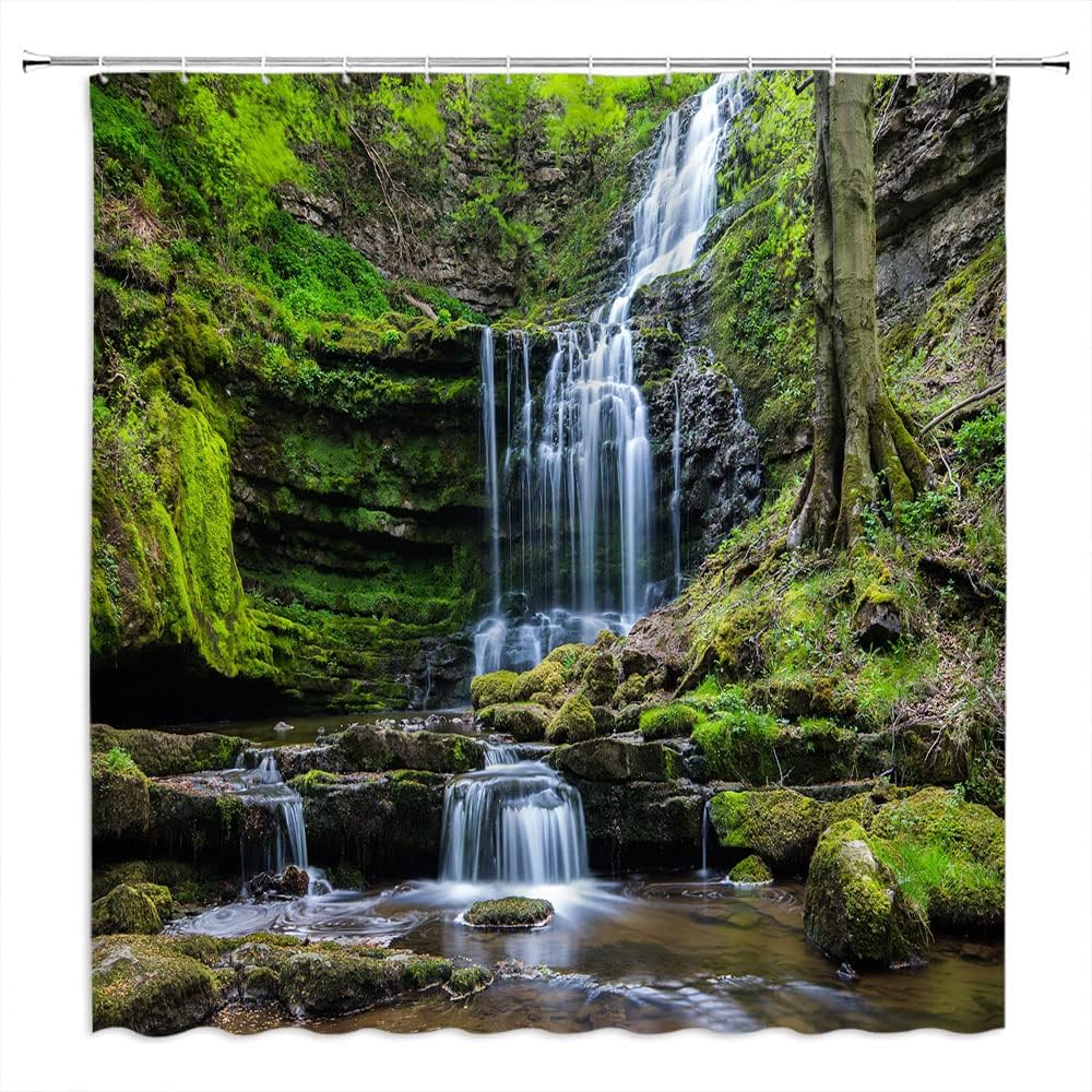 Waterfall Shower Curtain Green Forest Landscape Tropical Jungle Tree Plant Lake Mossy Rocks Spring Summer Nature Scenery Polyester Curtains Bathroom Decor with Hooks 59" Wx90 H