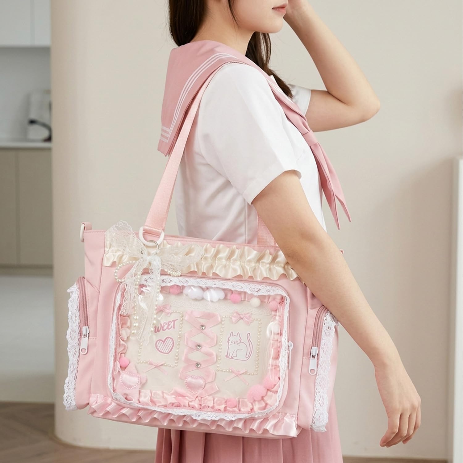 Ita Bag with Pin Display Insert - Clear Window Y2K Kawaii Lace Crossbody Bag for Pins & Button Badges, Gift for Anime Fans
