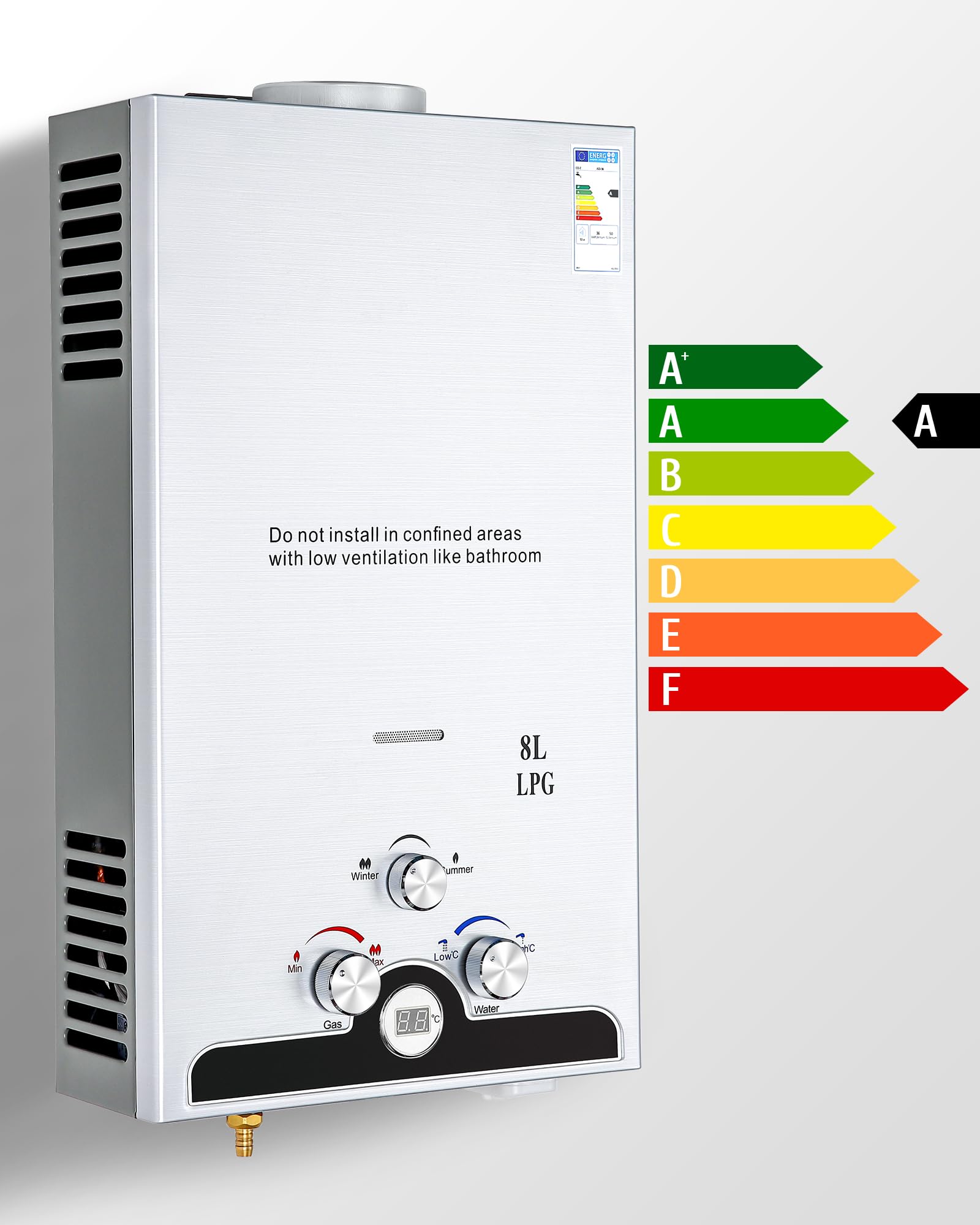VONLUCE Chauffe-Eau Gaz Instantané 8L/min 13,6kW GPL - Portable pour Camping/Caravane, Modes Hiver/Été, Température Réglable 27-68°C, Certifié CE (Butane/Propane)