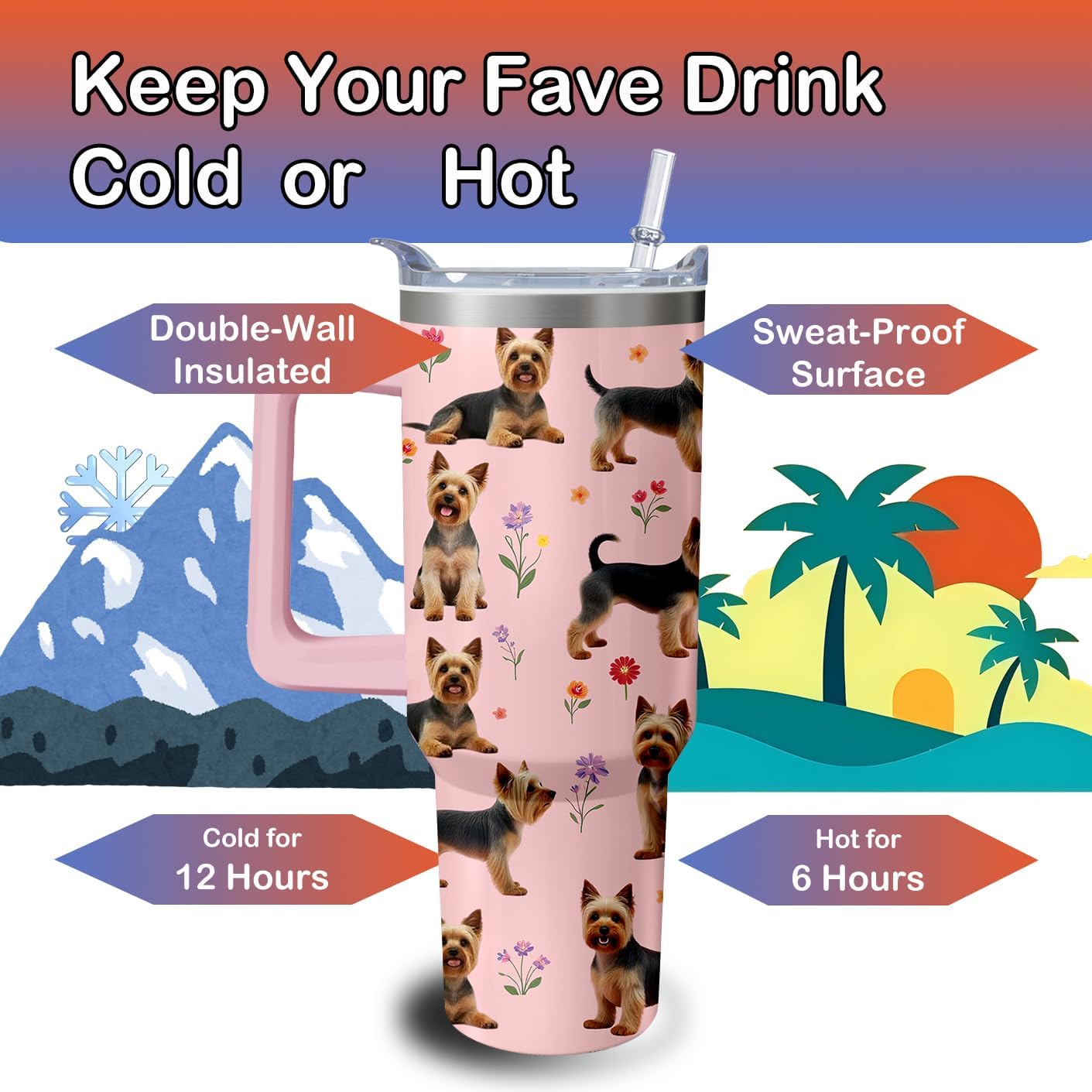 40oz Yorkie Tumbler with Handle and Straw, Cute Dog Stainless Steel Insulated Cup with Lid and Straw, Travel Coffee Mug Water Bottle, Birthday Mothers Day Gifts for Women Men Animal Lovers - Image 3