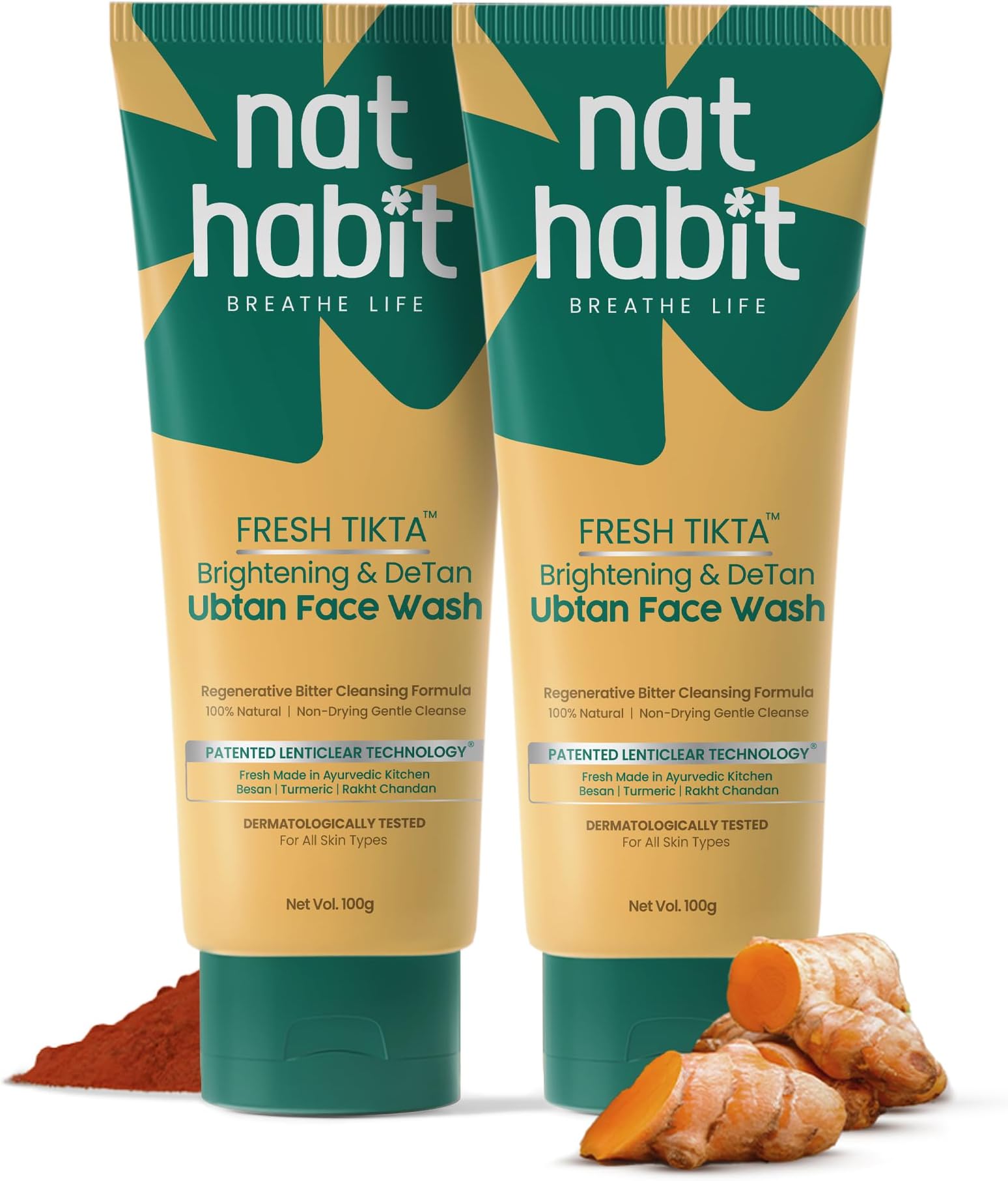 Nat Habit Ubtan Face Wash, Fresh Daily Tikta For Men & Women, Skin Brightening With Activated Wild Turmeric, Suitable For All Skin Types, Chemical & Sulphate Free (Pack of 2 X 100g)