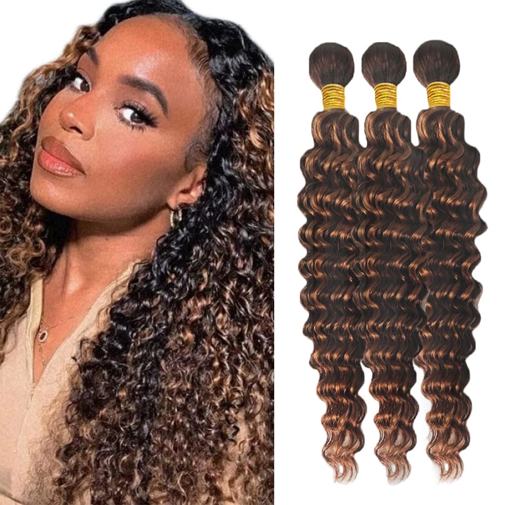 Creuost Human Hair Bundles p4/30 Highlight Brown Color Deep Wave Weave 3 Bundles Total 300g Unprocessed Glueless Virgin Double Weft Human Hair Extension 30 32 34 Inch