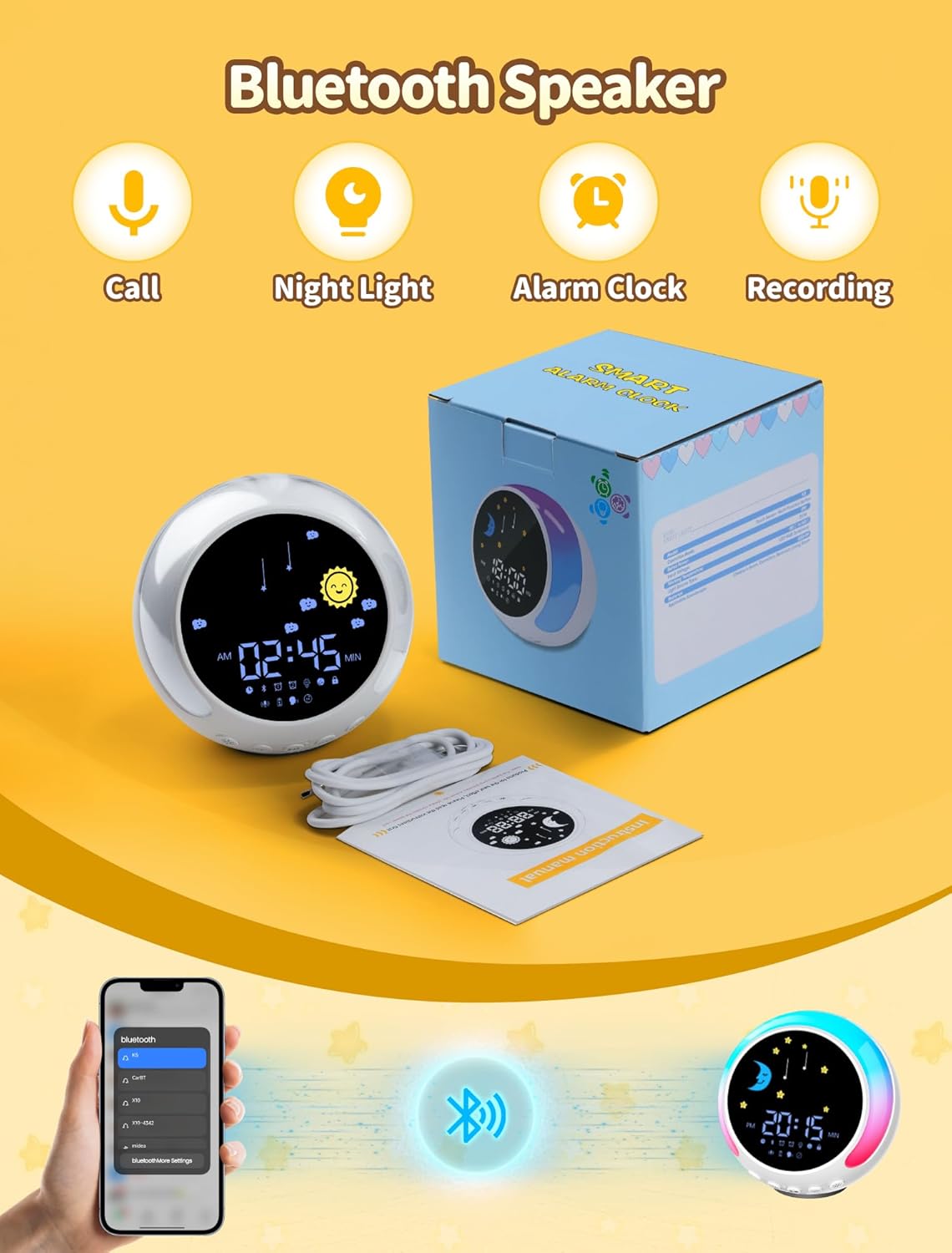 Children using the alarm clock's countdown timer for playtime, homework, and nap