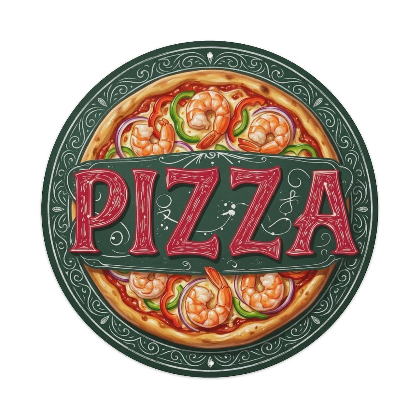 Shrimp Pepper Onion Pizza Food Illustration Metal Tin Sign