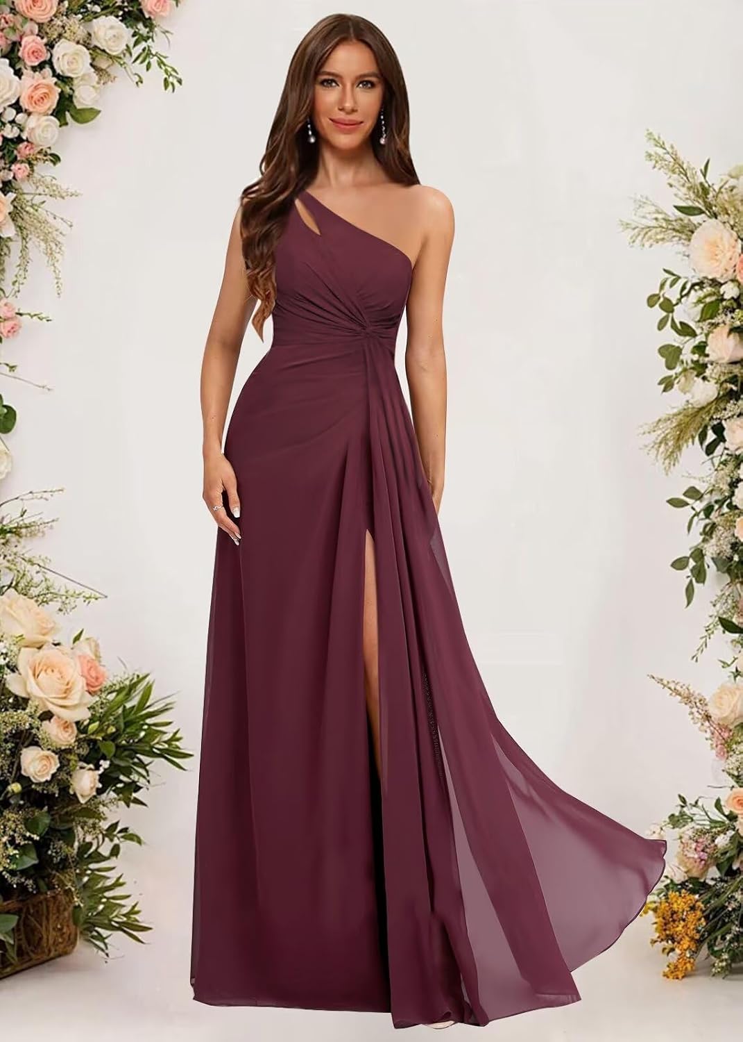 homdor One Shoulder Pleated Bridesmaid Dresses Long with Slit Chiffon A Line Formal Evening Dress for Women - Image 4