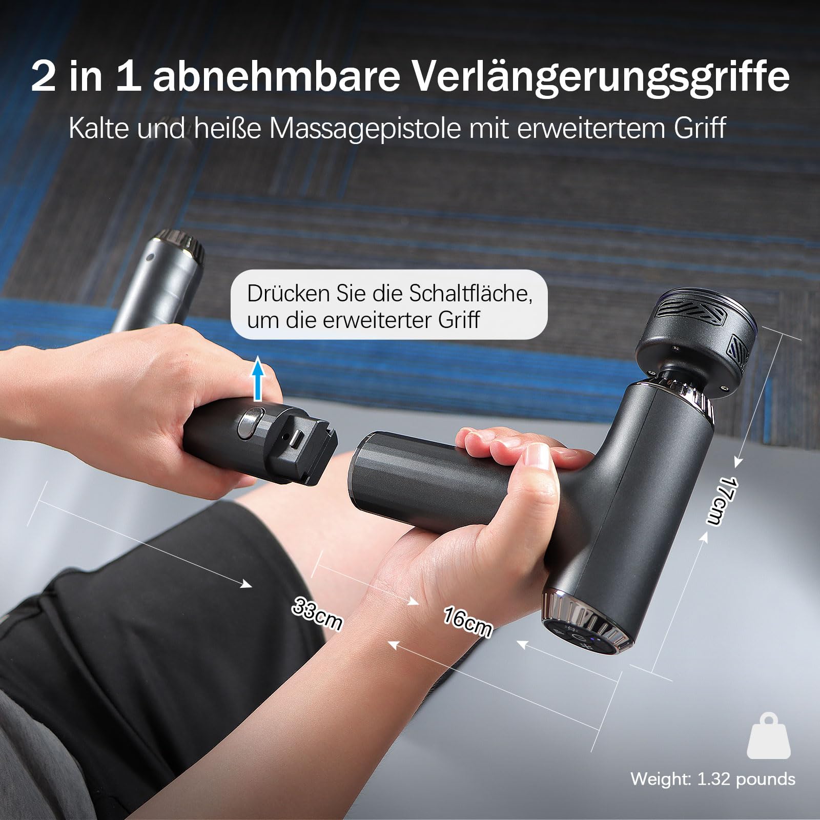 2 in 1 Massagepistole mit Wärme und Kälte, Mini Massagegerät mit Verlängertem Griff, Massage Gun mit Hitze KäLte Function,Tiefengewebe Muskel Massagegerät, 4 Köpfe & Koffer