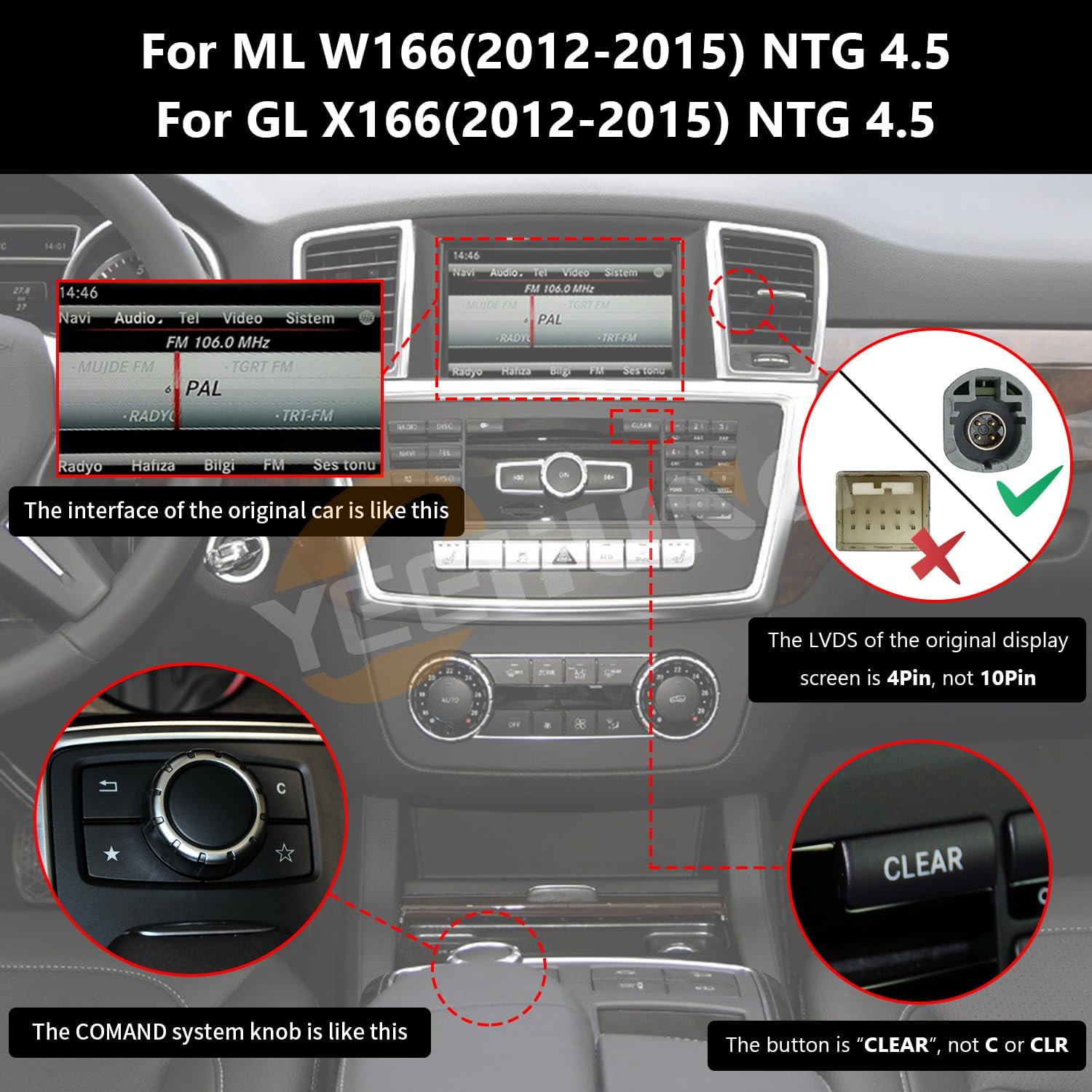 Image showing the original car interface, LVDS connector, COMAND knob, and 'CLEAR' button for Mercedes-Benz ML W166 and GL X166 (2012-2015) with NTG 4.5 system.
