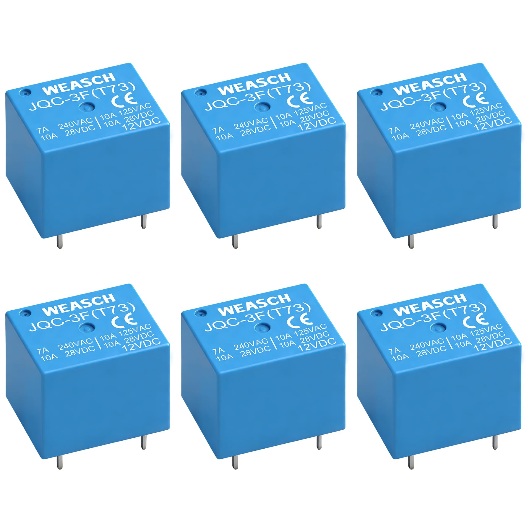 Weasch 6Pcs PCB Power Relay JQC-3F(T73), DC 12V Coil, 7A 240VAC, SPDT, 5 Pins