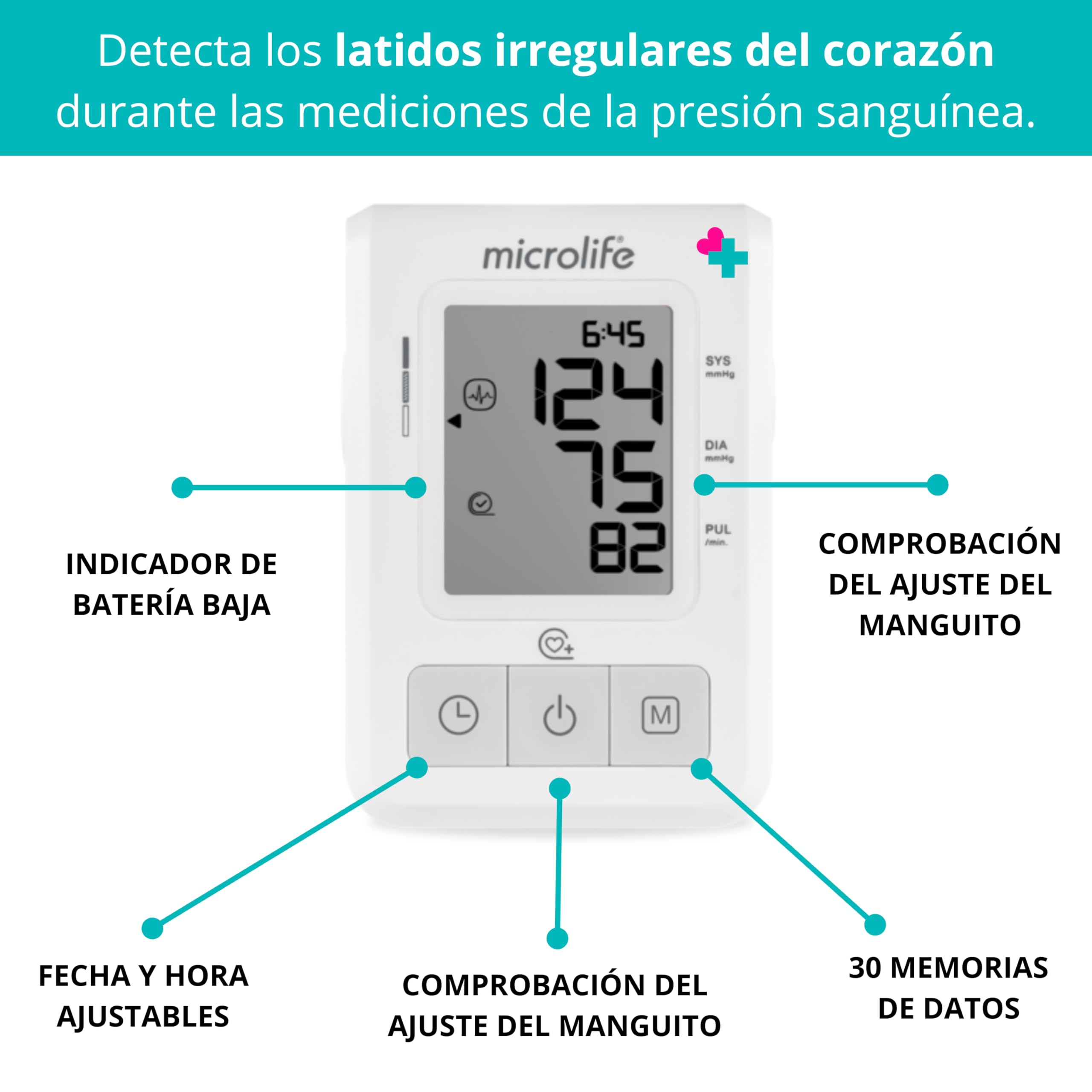 Tensiómetro de Brazo Digital Automático | Monitor de Presión Arterial con Detección de Latidos Irregulares | Esfigmomanómetro Electrónico para Casa | Memoria 30 Medidas | Brazalete 22-42 cm