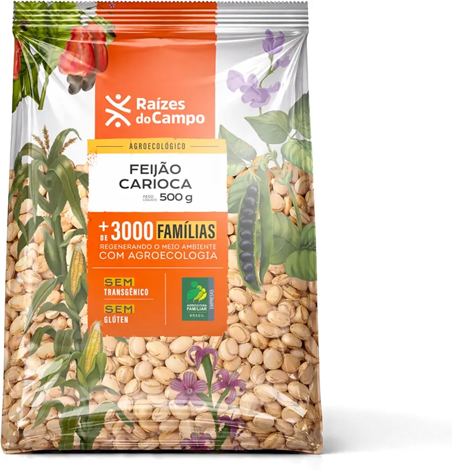 Raízes do Campo Feijão Carioca Agroecológico, Grão Inteiro, Sem Glúten, Sem Transgênicos, 500g