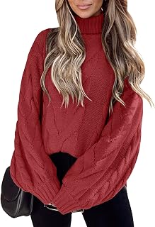 Womens Turtleneck Sweater Pullover Long Lantern Sleeve Jumper Knit Cable Oversized Sweaters Top