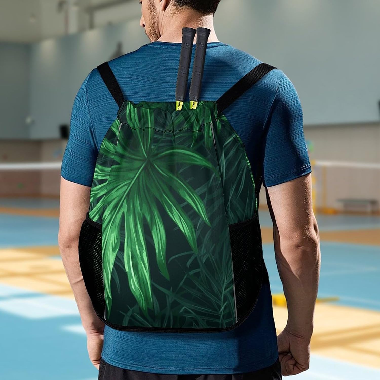 Green Tropical Jungle Plant Drawstring Backpack with Wet Pocket - Large Capacity Gym Bag with Shoe Compartment & Mesh Pockets, Adjustable Lightweight Gym Backpack for Swimming, Travel, Workout