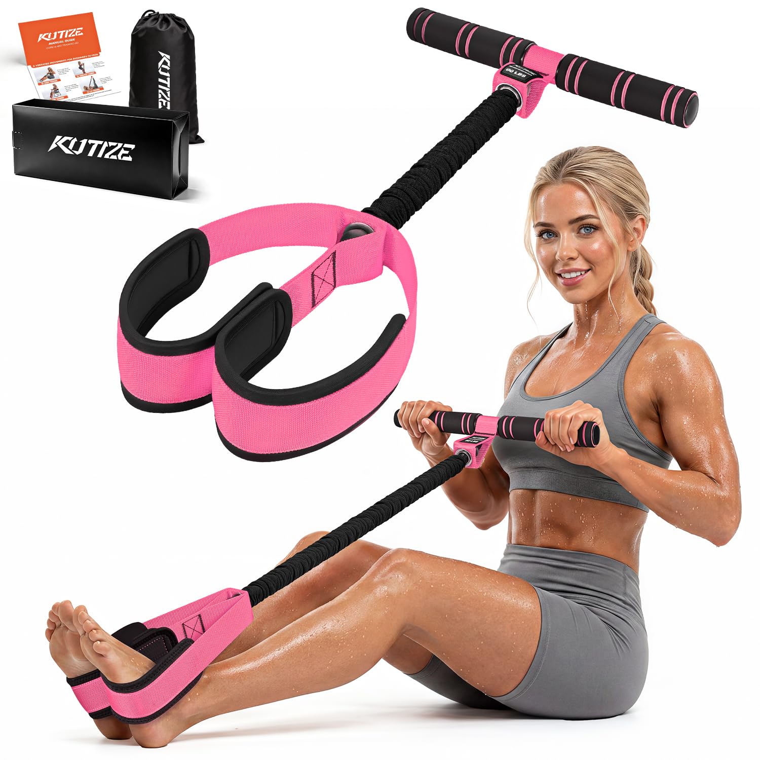 KUTIZE Resistance Band with Handle, Upgraded Sit Up Exercise Equipment for Abdomen & Waist, 60LBS Fashion Puller for Home Gym, Core/ABS, Leg & Arm Workout, Weight Loss & Physical Therapy for Women