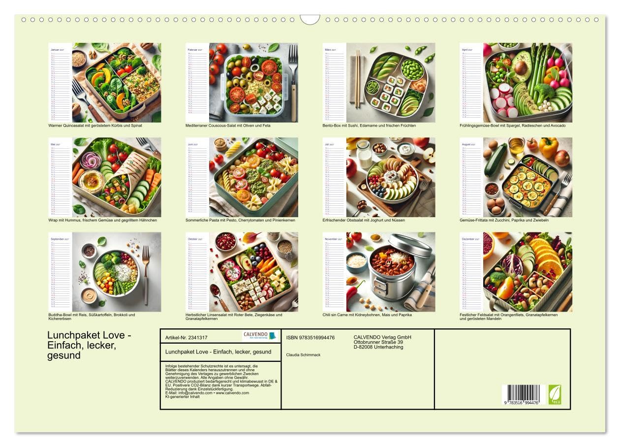 CALVENDO - Lunchpaket Love - Einfach, lecker, gesund (Wandkalender 2027 DIN A2 quer), Monatskalender: Ein Essenskalender speziell für das Büro