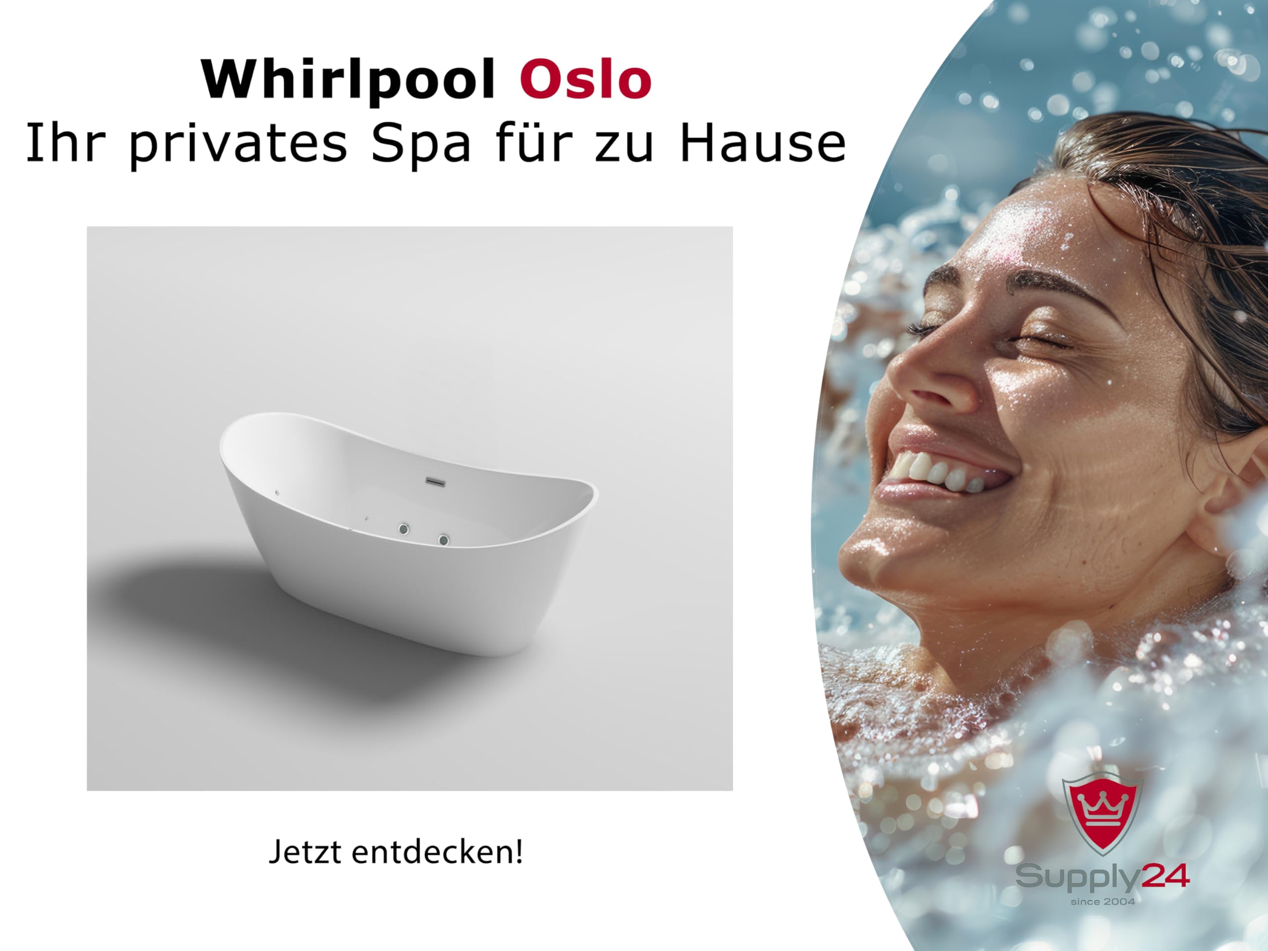 Freistehende Luxus Whirlpool Badewanne Oslo – 180x90 cm – 12 Massage-Düsen, LED-Farblichttherapie, freistehend für 2 Personen, Hot Tub Spa Indoor – Ohne Armatur