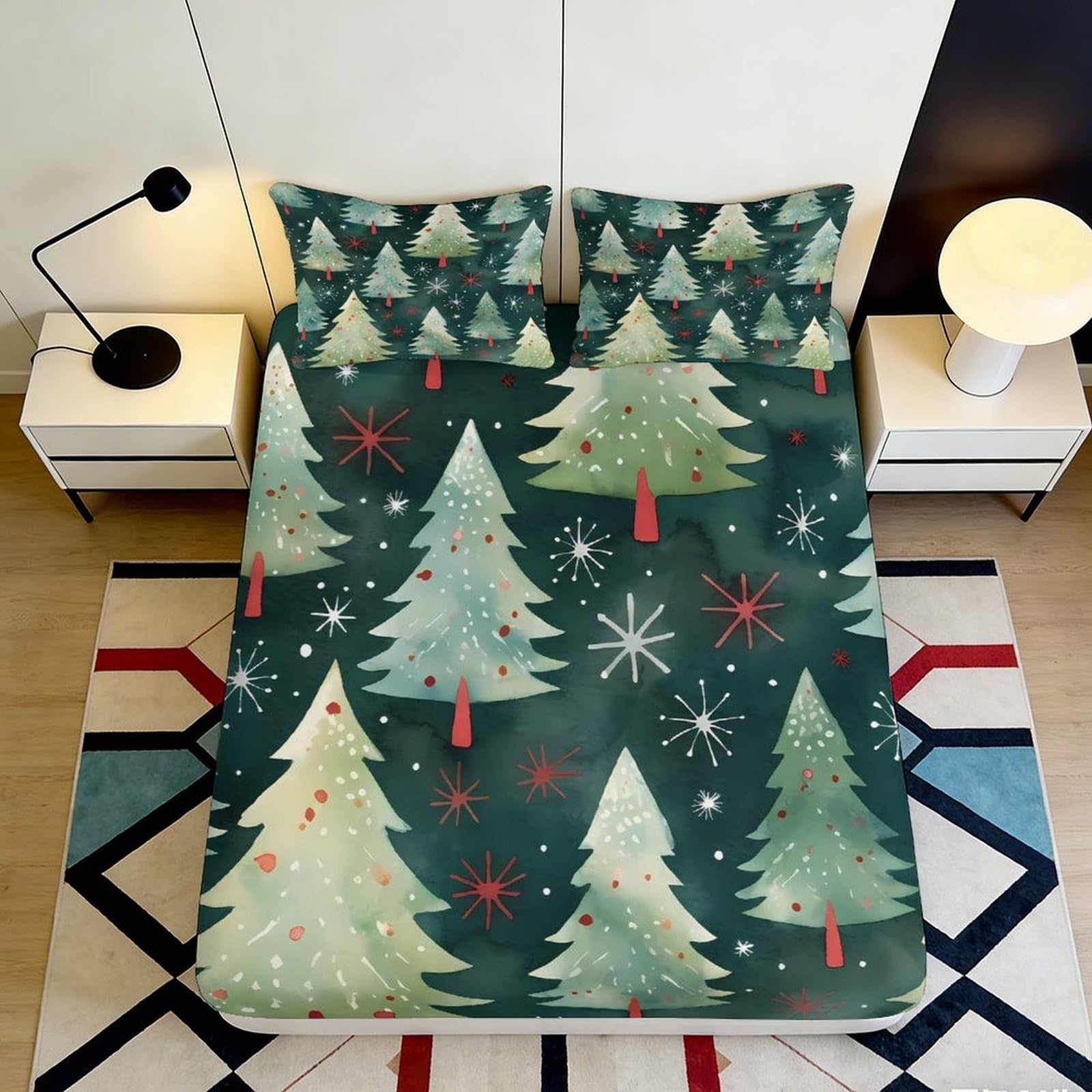 Pnayamiorkfel Style-6 3D Printed Christmas Tree Fitted Sheet Microfiber Soft Dark Green Snowflake Mattress Cover Bedroom Decor 90X200x25cm