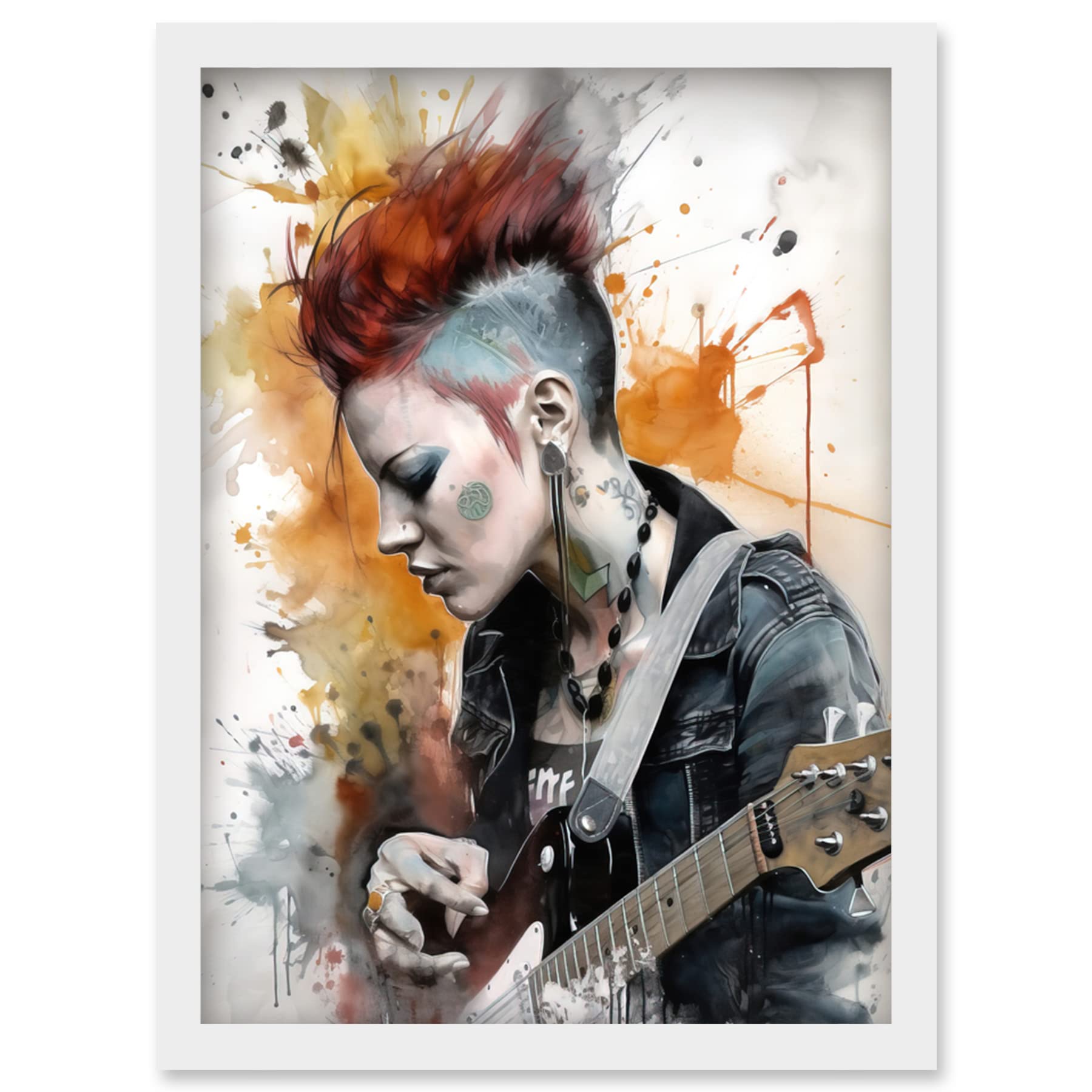 Artery8 Edgy Young Punk Woman with Mohawk and Electric Guitar Modern Watercolour Painting Artwork Framed Wall Art Print A4