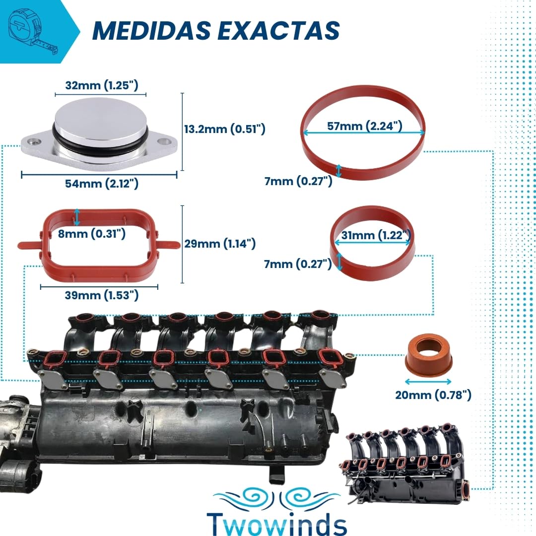 Twowinds - Kit Anular Mariposas Colector Admisión (32mm) Compatible con BMW E39 E46 E60 E61 E63 E64 E67 E81 E82 E88 E90 E91 E92 E93 X3 E83 X5 E53 E87 X5 E70 X6 E71 - 6 Cilindros (6 tapones, 20 Juntas)