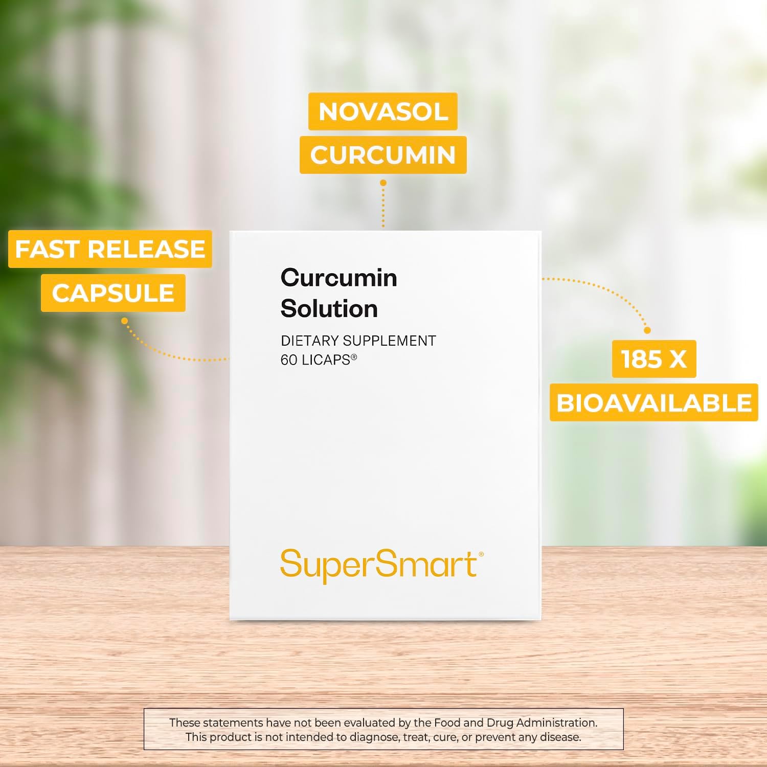 Supersmart Curcumin Solution 1000mg per Day (Highly Bioavaible & Patented) - Fast Release Capsules - Turmeric Curcumin NovaSOL 185x Bioavailable | Vegan & Gluten Free - 60 Licaps