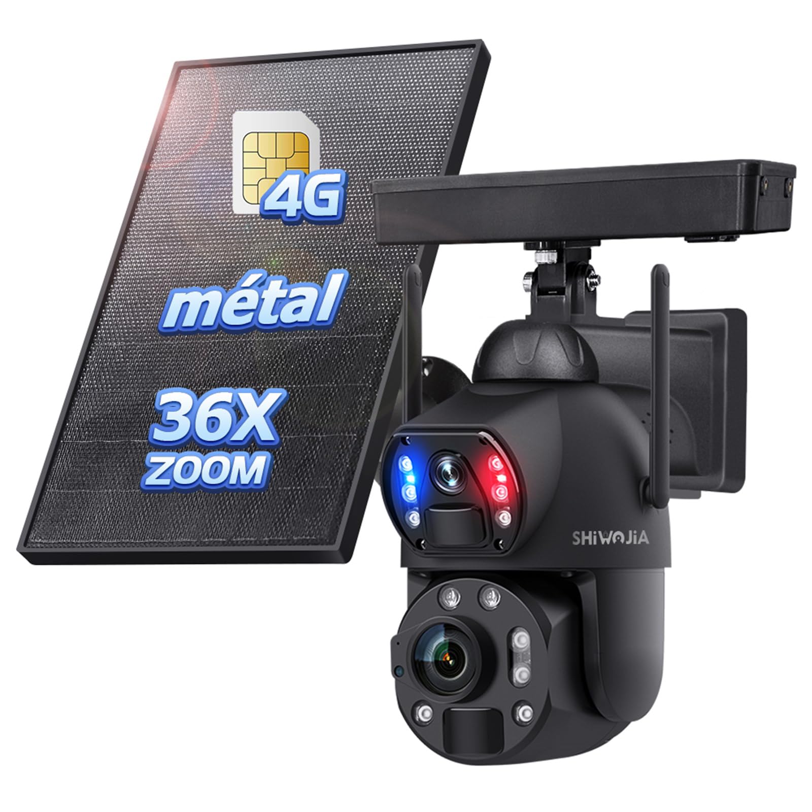 SHIWOJIA Cámara de vigilancia con Panel Solar de Tarjeta SIM, cámara de Zoom óptico 36X de 6 MP, detección Humana PIR Dual, Color de visión Nocturna, Lente Dual, IP67