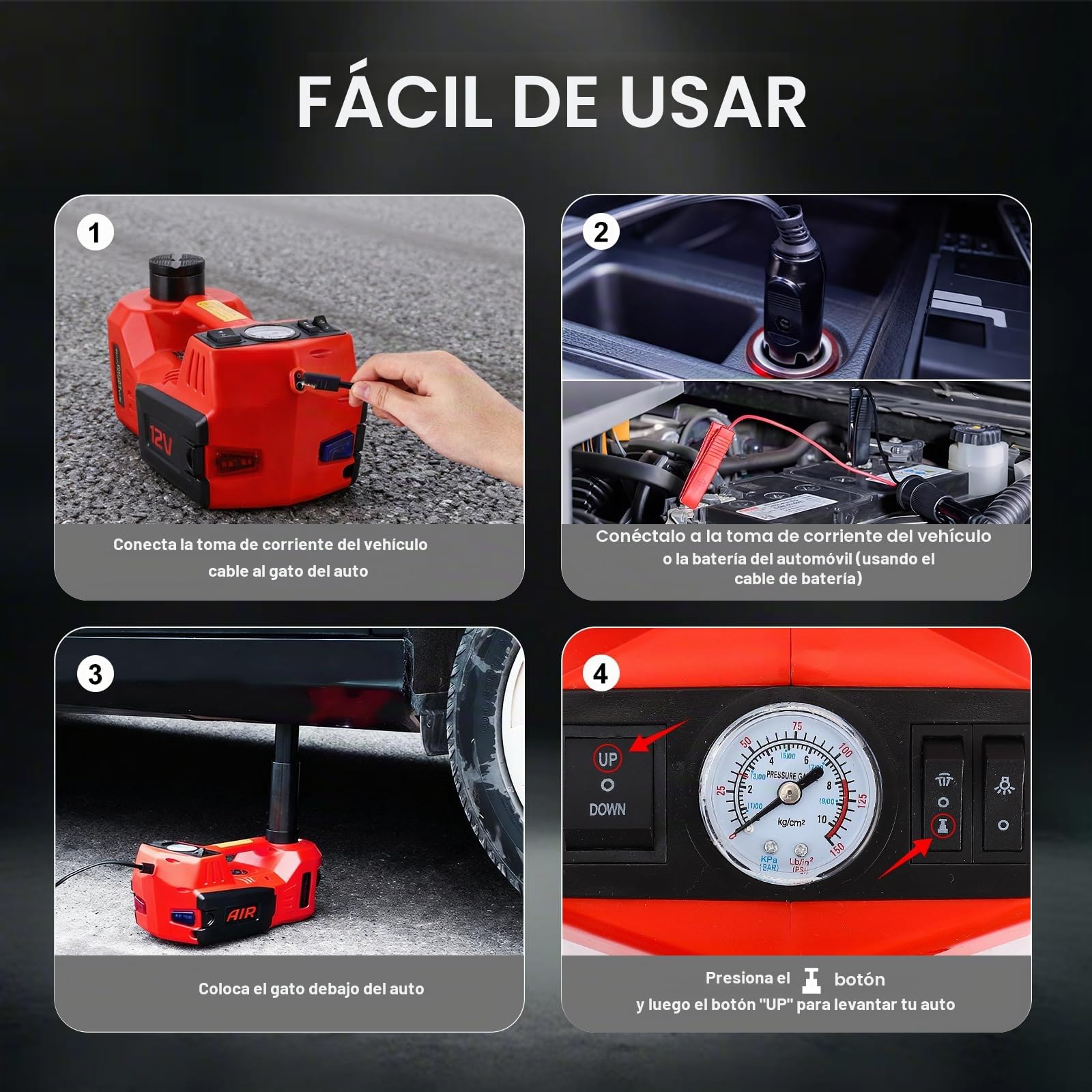 Gato Electrico para Coche 5T, 12 V Gato Hidráulico para Coche, 15-45 cm de Alcance de Elevación, con Bomba Inflable y luz LED, 4 en 1 para Auto/SUV/Camión, Cambio de Neumáticos