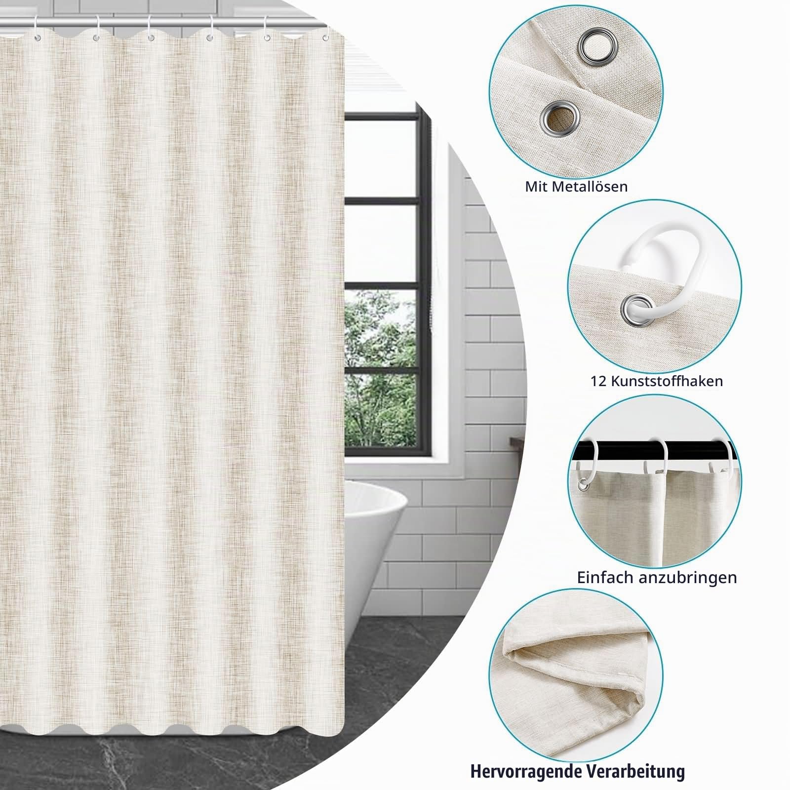 Duschvorhang 300x200cm Einfarbig Schimmelresistent mit 12 Ringen | Beige,Imitationsleinen Wasserabweisendes Gewebe,Rostfreie Metallösen,Maschinenwaschbar für Bad Wanne Hotel Ferienwohnung