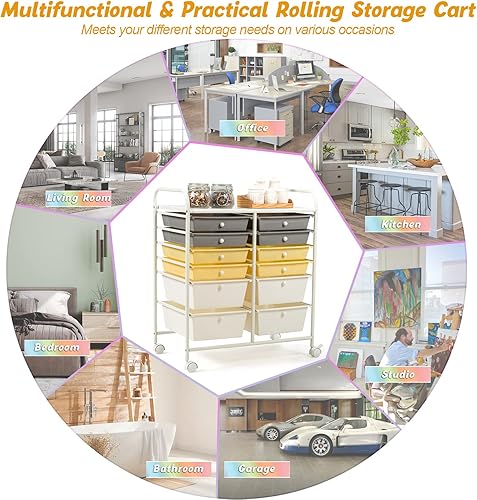 Miniatura 8 de COSTWAY Carrito de almacenamiento con ruedas de 12 cajones, organizador de manualidades movible con ruedas bloqueables, estante de metal,