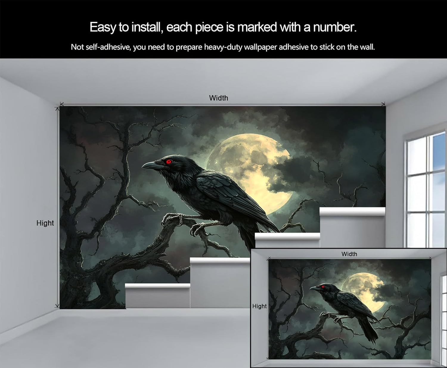 Wallpaper, Gothic Wallpaper for Bedroom, Crows Mural Wallpapers & Home Decor, Halloween Custom Mural for Living Room(Not Peel and Stick)