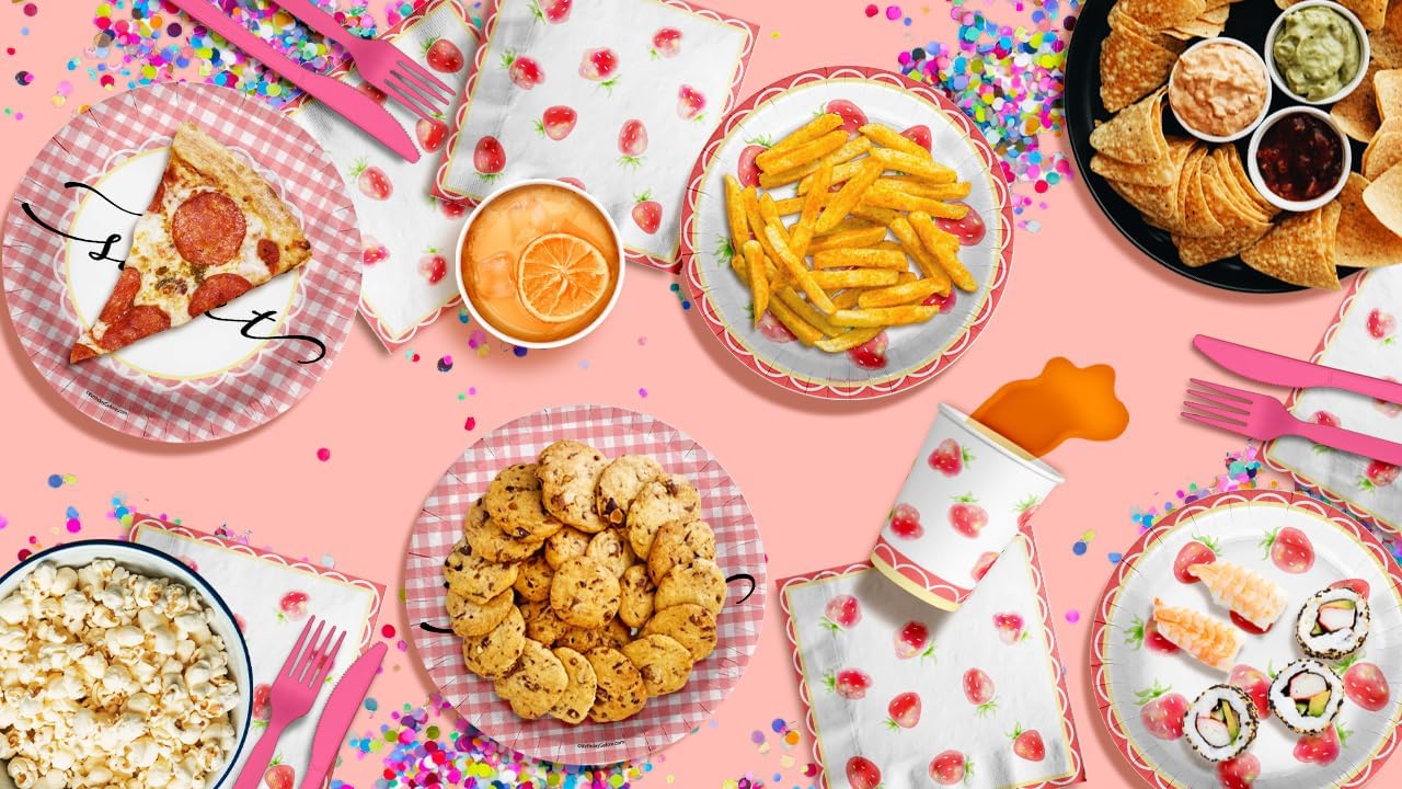 Two Sweet Strawberry Birthday Party Supplies - 64 Piece Girls Second Birthday Tableware Set Includes Large 9" Dinner Plates and 8" Dessert Paper Plates Napkins Cups - Kit for 16 - Image 9