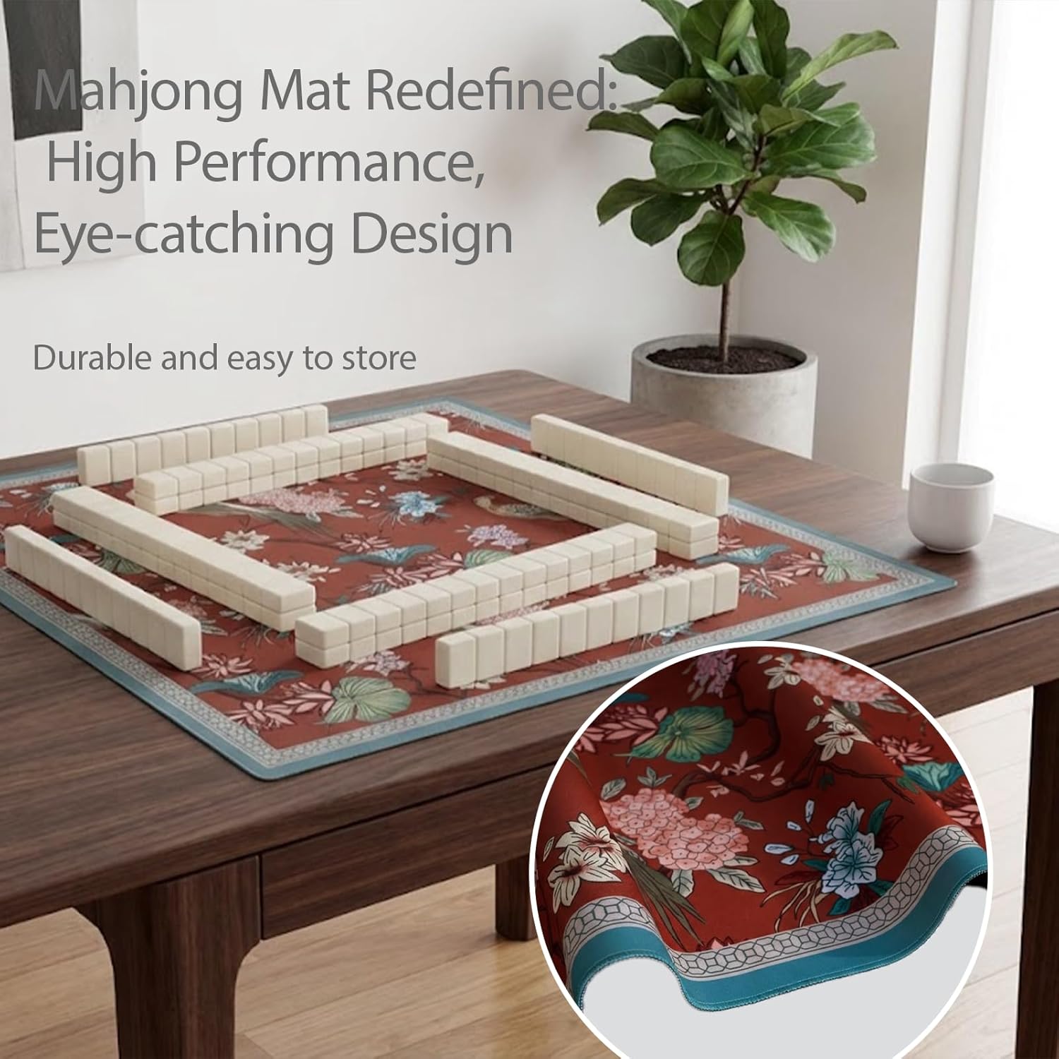 Mahjong Mat for Table, 31.5" x 31.5", Anti-Slip Noise Reduction Mahjong Table Cover with Carrying Bag, Perfect for Poker, Card, Board & Tile Games (Birds 04)