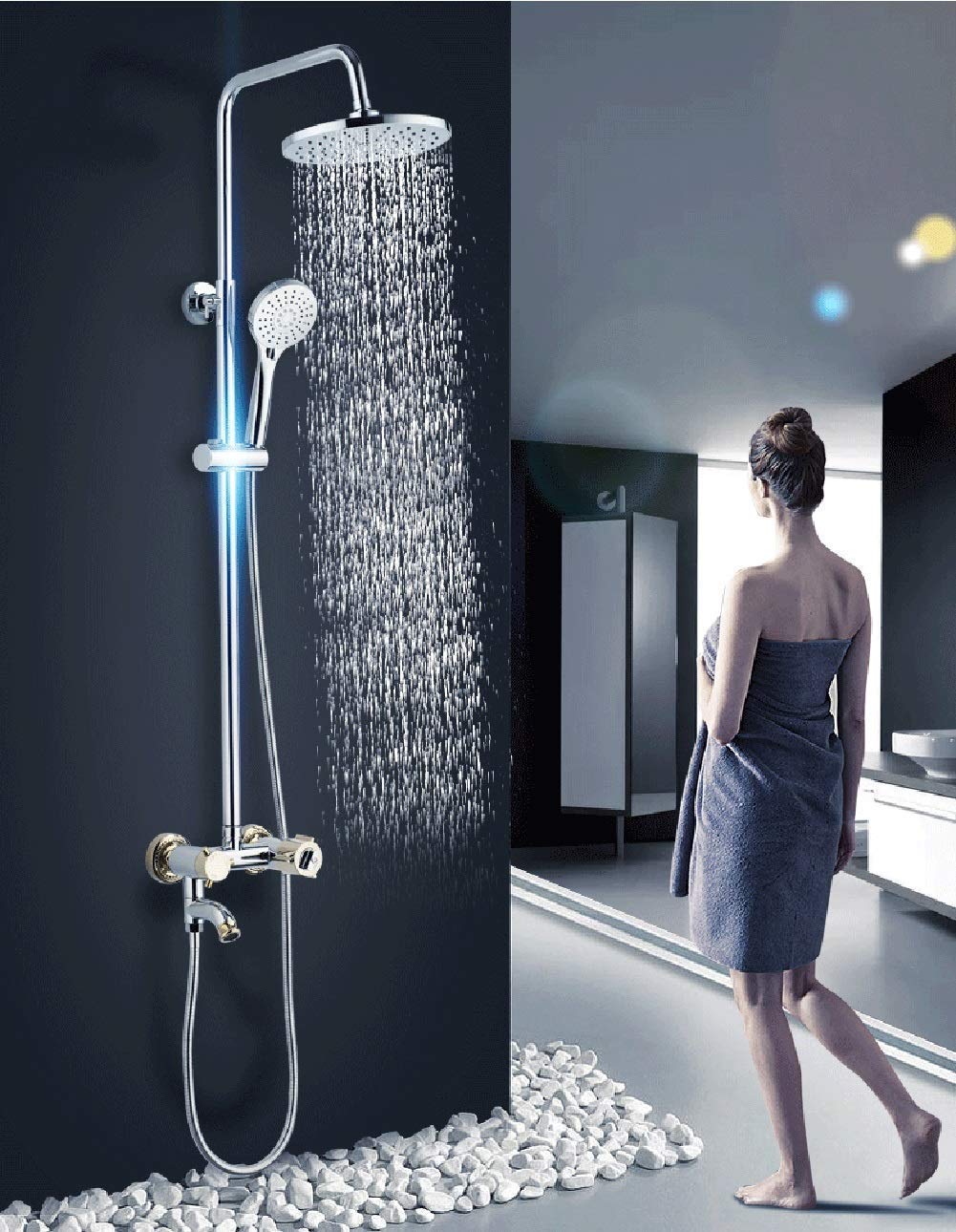 Ensemble de douche thermostatique chromé avec mitigeur de baignoire intégré