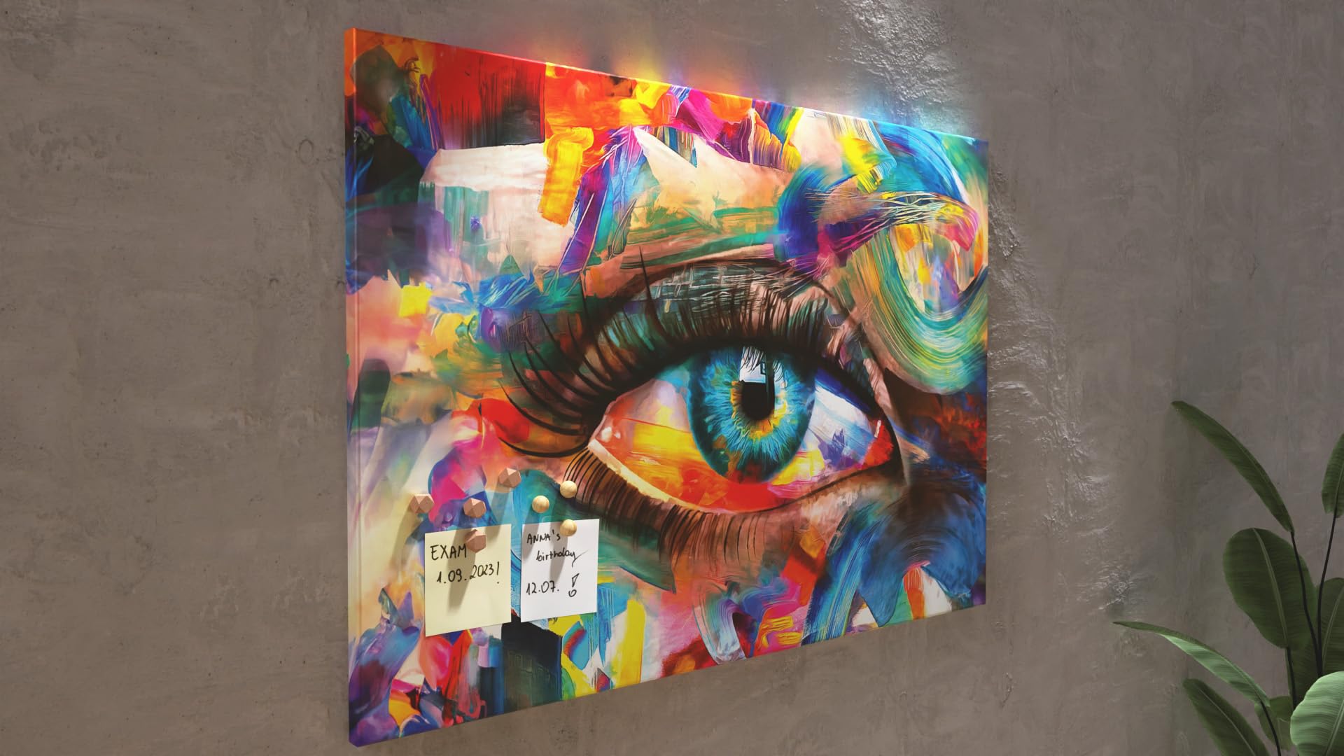 ALLboards Tableau magnétique, en toile, 90 x 60 cm, motif œil avec la couleur de l'arc-en-ciel, tableau mémo, tableau d'affichage magnétique, images sur toile