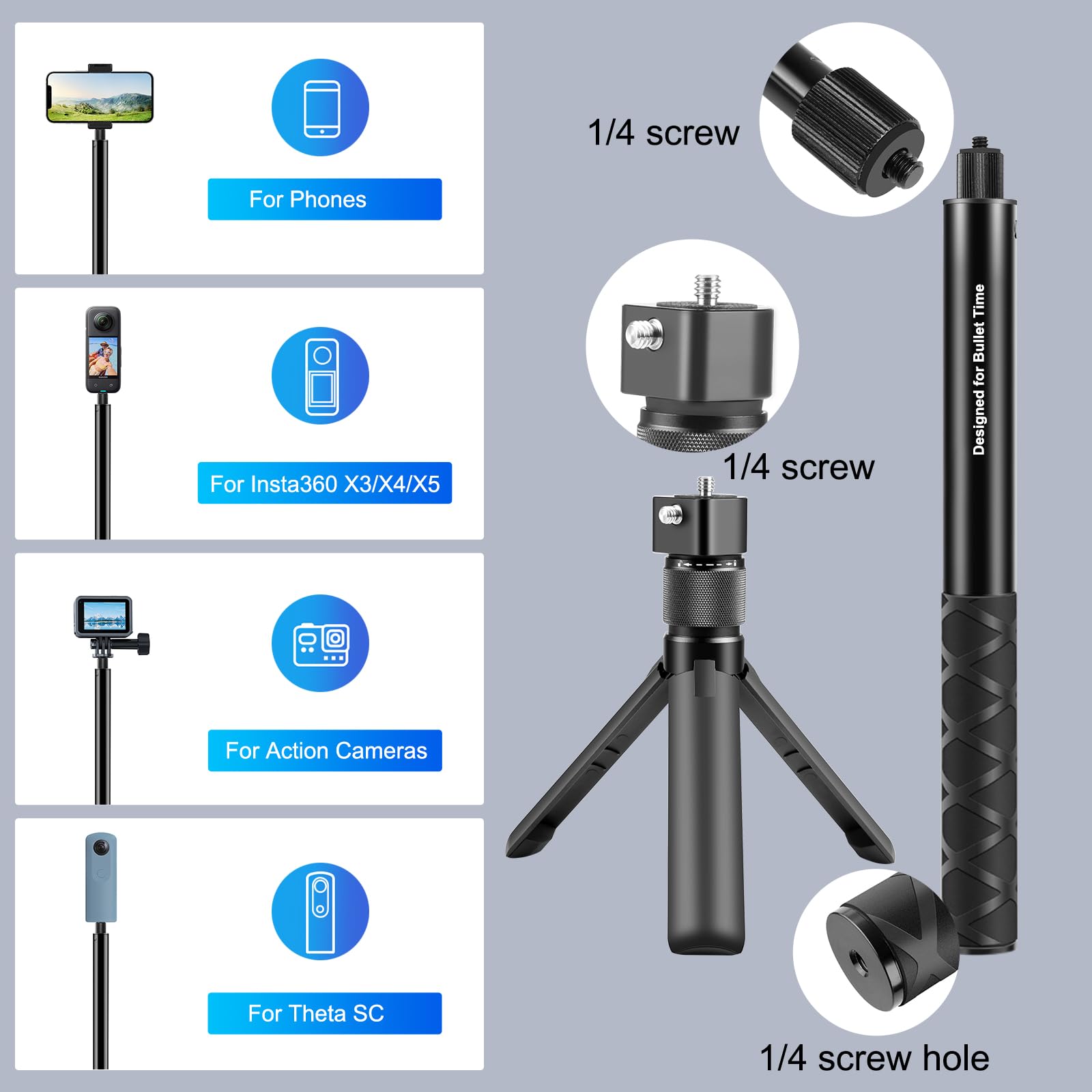 PULUZ Insta 360 Bullet Time Selfie-Stick-Set für Insta360 X3 X4 X5 ONE X2, 114 cm unsichtbares Selfie-Stick-Einbeinstativ & Mini-Stativ für Kamera mit Dual-1/4-Schrauben für GoPro Hero 12 11 10 8 7 6