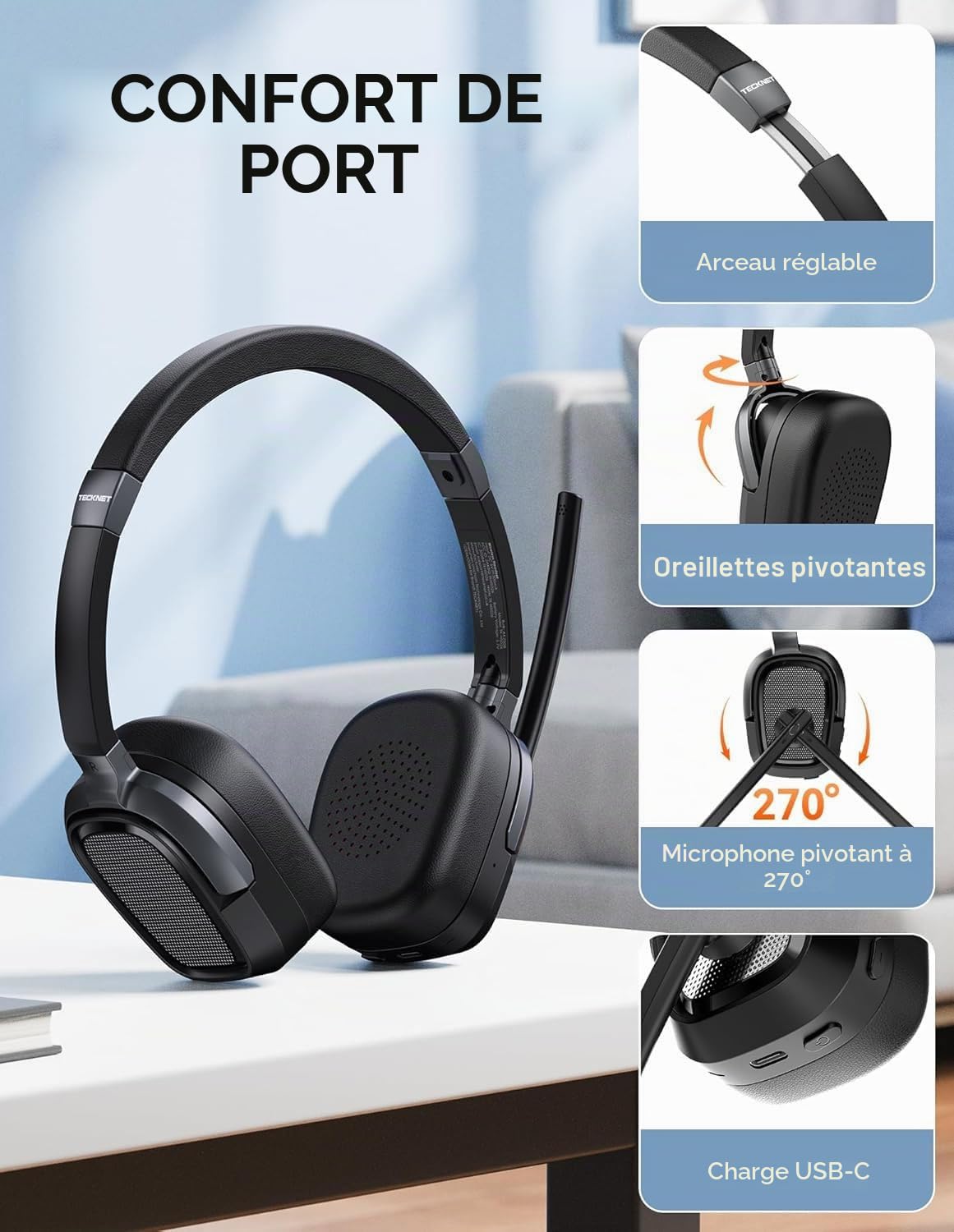 TECKNET Casque Bluetooth sans Fil avec Micro - Casque Anti-Bruit Bluetooth et Casque sans Fil PC avec Adaptateur USB-A Inclus, 50h d'Autonomie, pour PC, Téléphones, Télétravail et Visioconférence