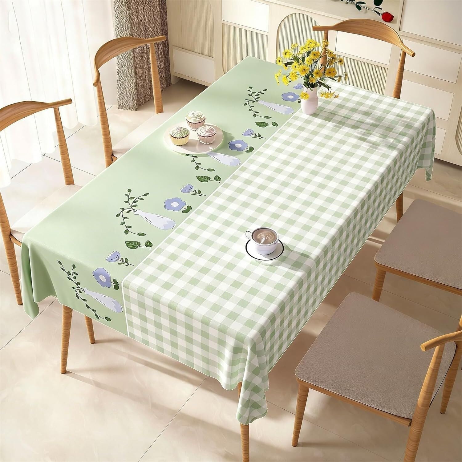 KIJyfgTR Rectangular Tablecloth With A Checked Floral Pattern Kitchen Worktop Decoration(Light Green,140x260cm)