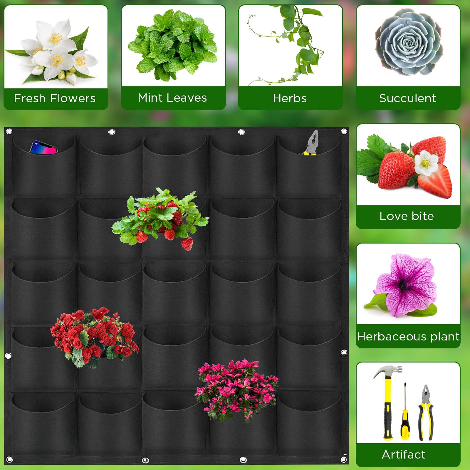 Sac à Plantes Mural, 25 Poches Sacs de Culture Muraux, 100 x 100 cm, Sac de Plantation Suspendu Pot de Fleurs Mural Extérieur, Sac à Plantes Mural en Feutre Vertical