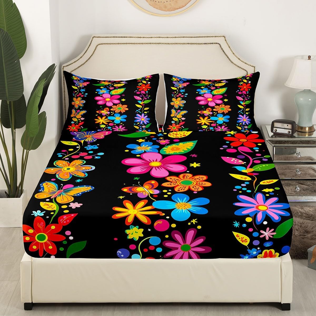Retro 60s 70s Groovy Flower Fitted Sheet Queen,Rustic Psychedelic Blossom Bedding Sets Mens Women's Halloween Floral 1960's 1970's Hippie Bed Sheets Watercolor Floral Rural Pastoral Room Decor