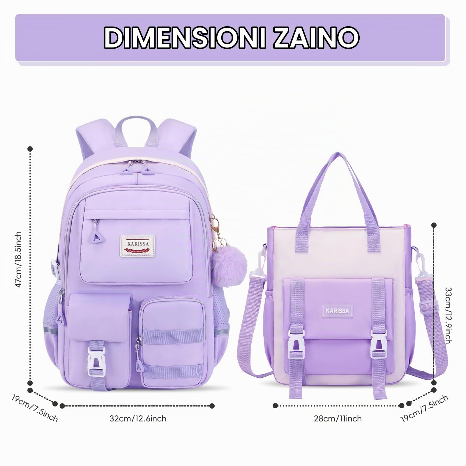 Amythe Zainetto Ragazza 2 pezzi, 29L Zaino Scuola con Borsa per la Spesa, Set Zaino Bambina Scuole Elementare e Medie, Zaini da Viaggio Casual per Adolescenti 10 e 18 anni