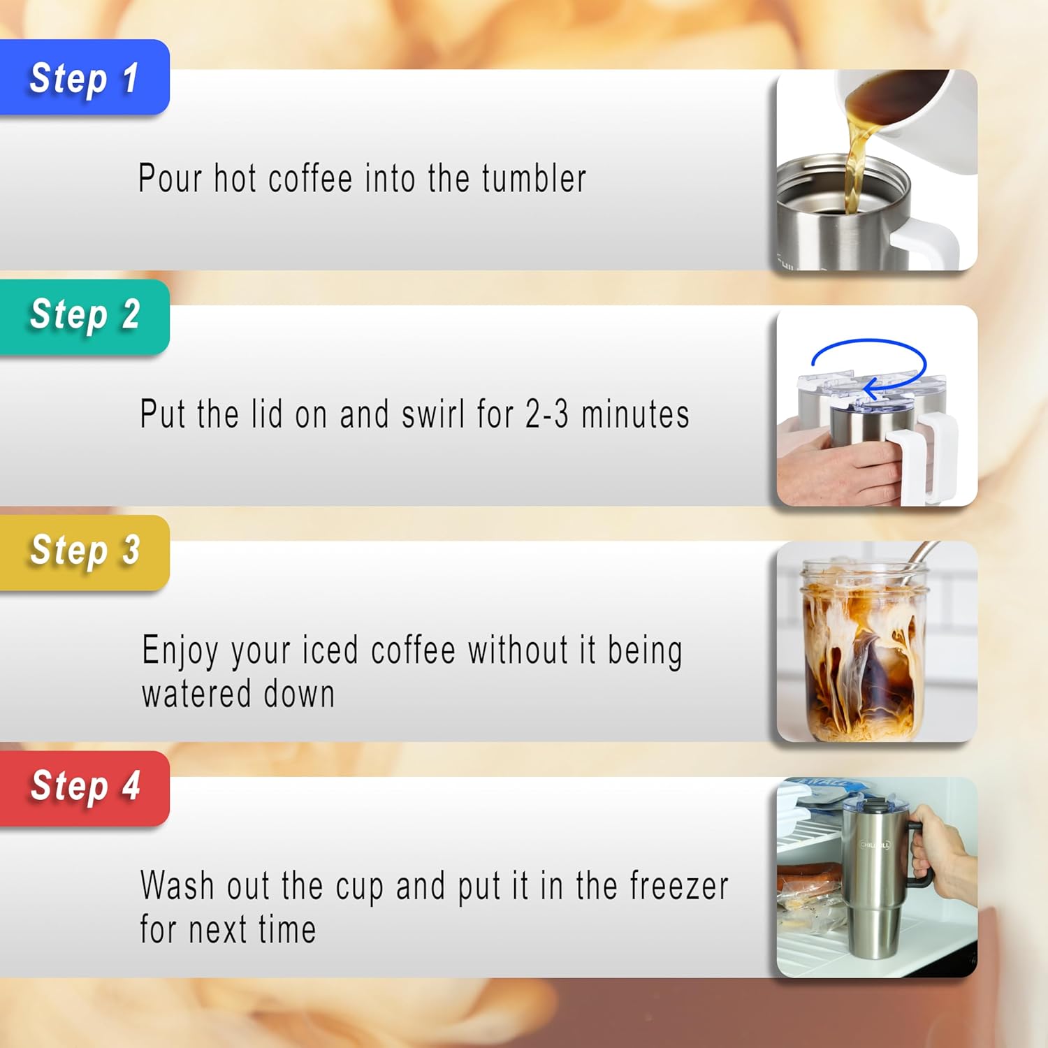 CHILLPILL GO Iced Coffee Chiller - Stainless Steel Cup Iced Coffee Maker & Espresso Chiller, Fast Cooling Cold Brew Coffee Maker, Instant Drink Chiller with Lid & Straw (Black)