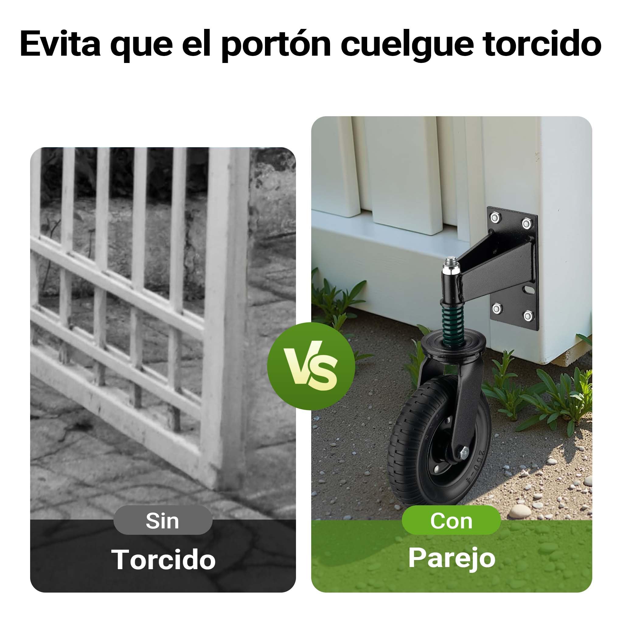 Wiltec Rueda de puerta con muelle 200 mm Soporta hasta 275 kg Rueda giratoria para portón con freno, resiste intemperie y terreno irregular, recubrimiento en polvo