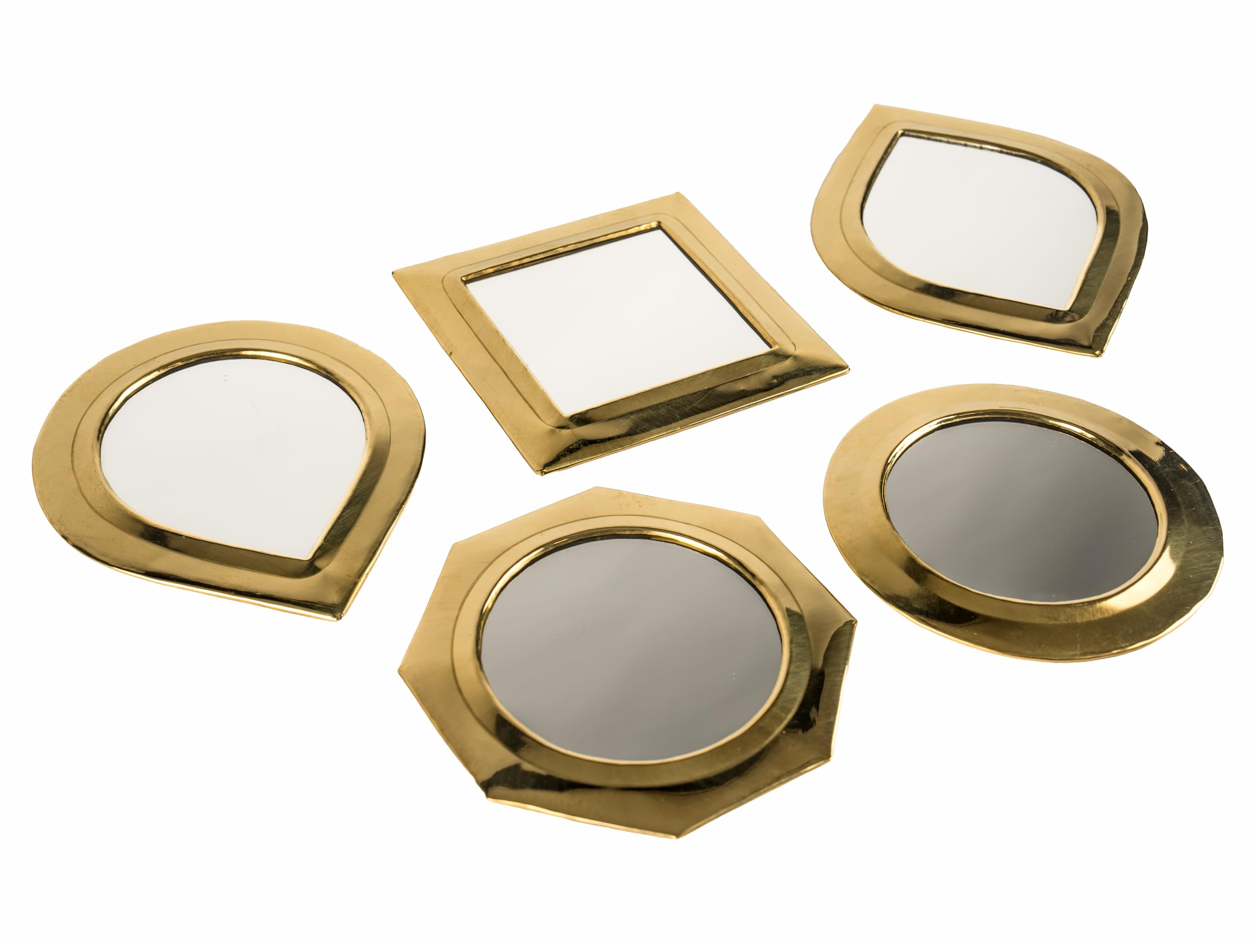 Conjunto de 5 Mini Espejos Decorativos, Marco de Latón Dorado, 10-14 cm, Diseño Marroquí Artesanal, Formas Variadas