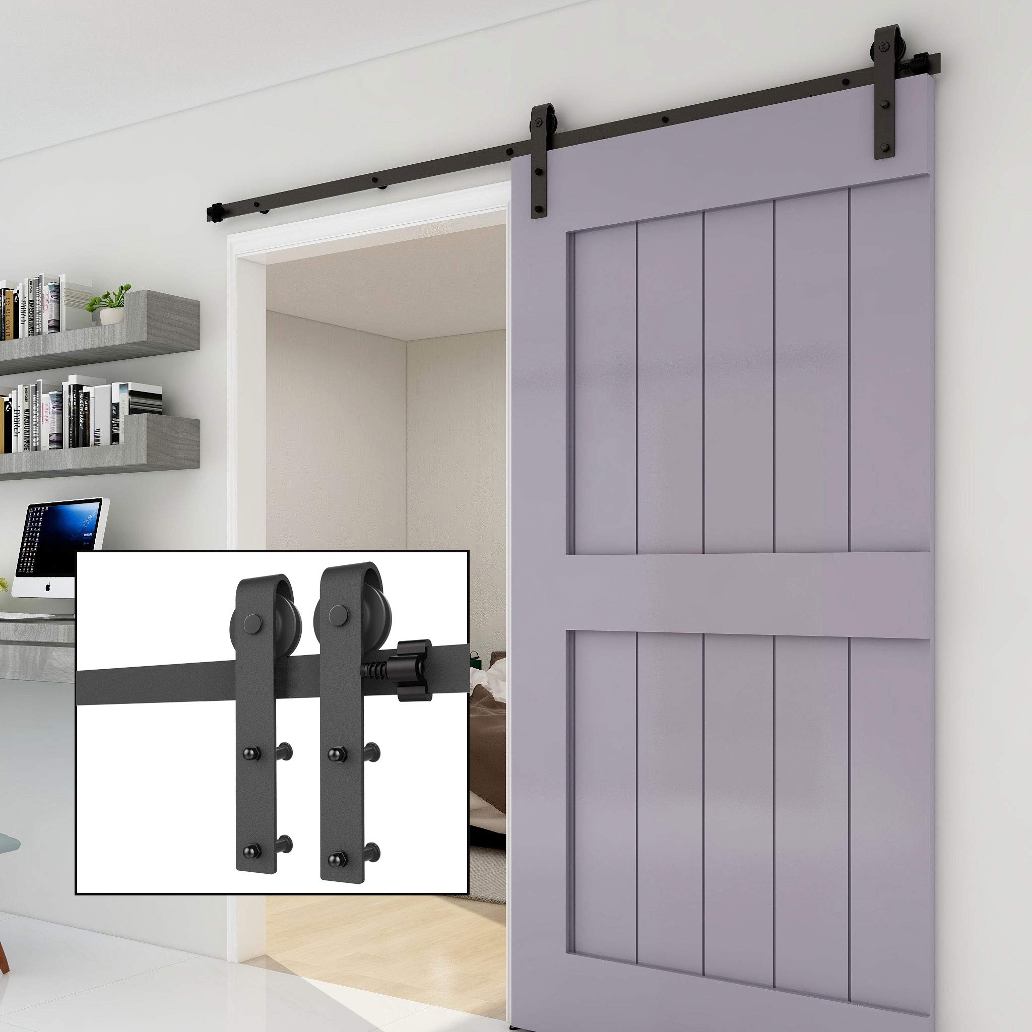TSMST 7FT/213cm Quincaillerie Kit de Rail pour Porte Coulissante, Kit de Rail de Porte de Grange Robuste Adapté à une Porte en Bois Unique,forme de J…