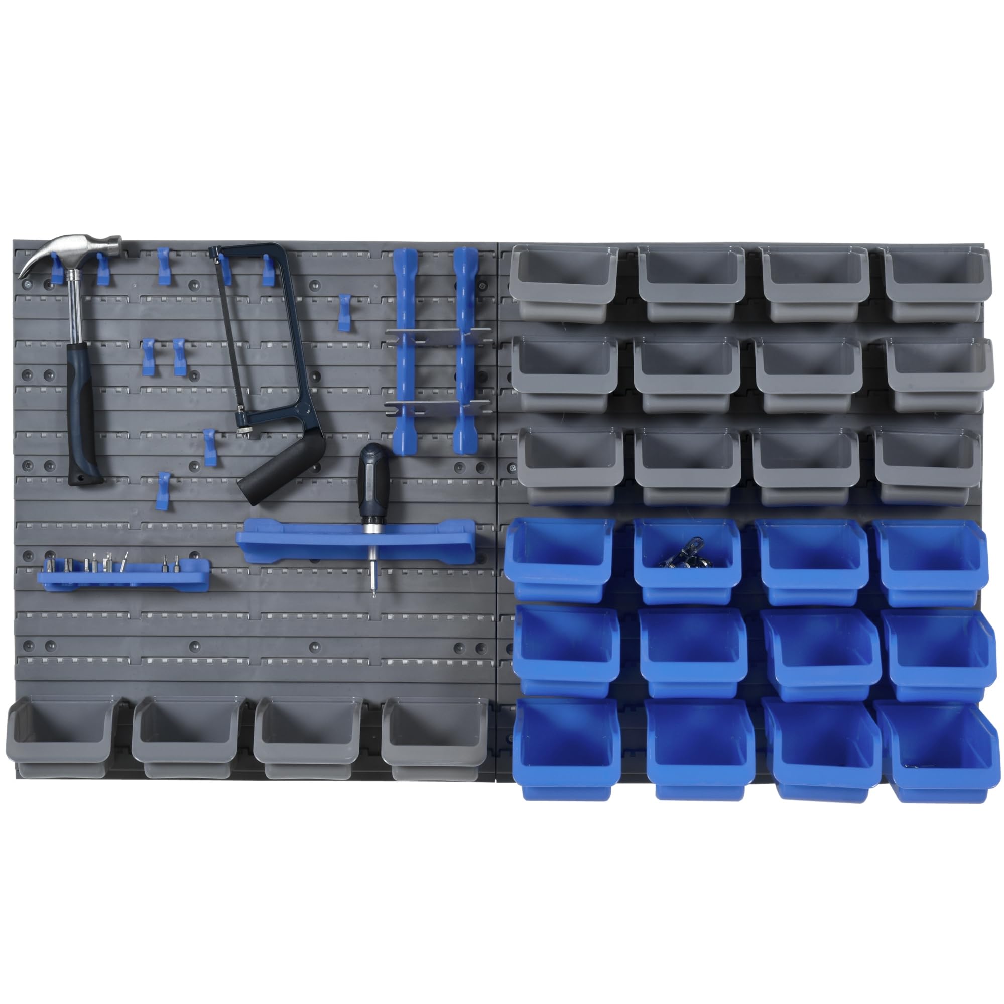 DURHAND Organizador de Herramientas de Pared de 44 Piezas 95x54 cm Estantería de Pared para Herramientas con 28 Cajas Apilables y Diferentes Ganchos Gris y Azul