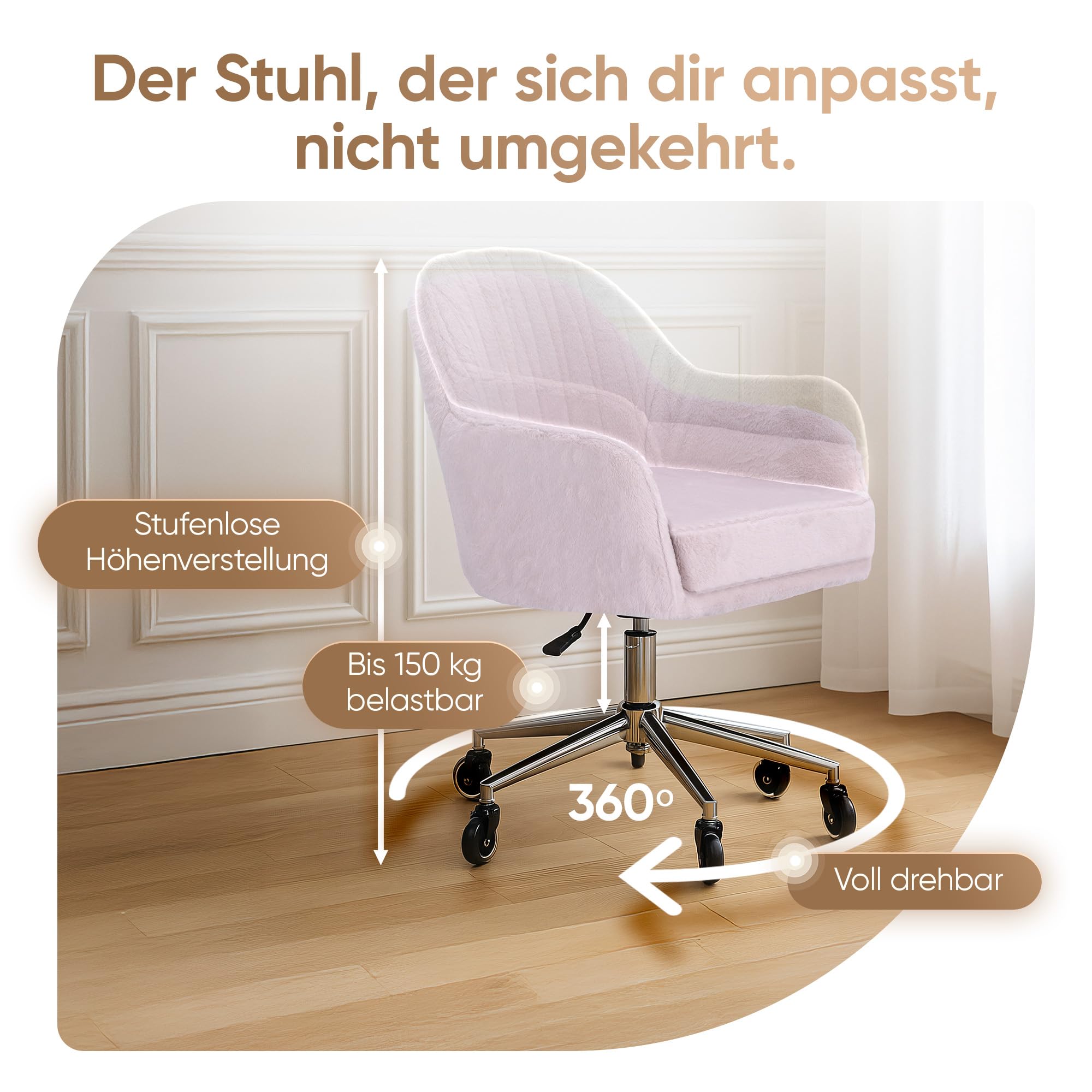 WohnJuwel Schminktisch Stuhl [höhenverstellbar] mit Gummirollen, Dickes Kissen [waschbares Kunstfell] - Drehstuhl Schminkstuhl Schminktischstuhl Schreibtischstuhl - Rosa