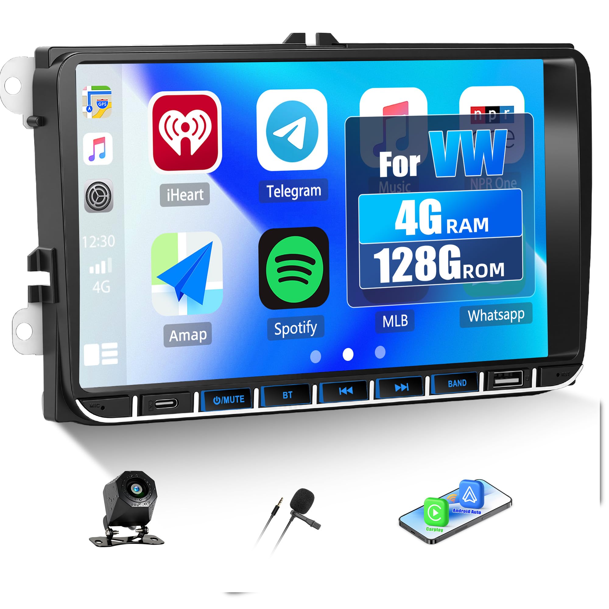 SIXWIN Android 15 4+128 GB Autorradio para VW Golf 5 6/Passat/Polo/Seat/Caddy/Touran con CarPlay/Android Auto, Pantalla HD de 9 Pulgadas con GPS, WiFi, Bluetooth 5.0, FM/RDS, EQ, USB-C y Cámara