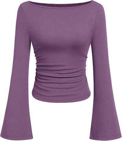 PRETTYGARDEN Womens Bell Long Sleeve Ribbed Knit Tops